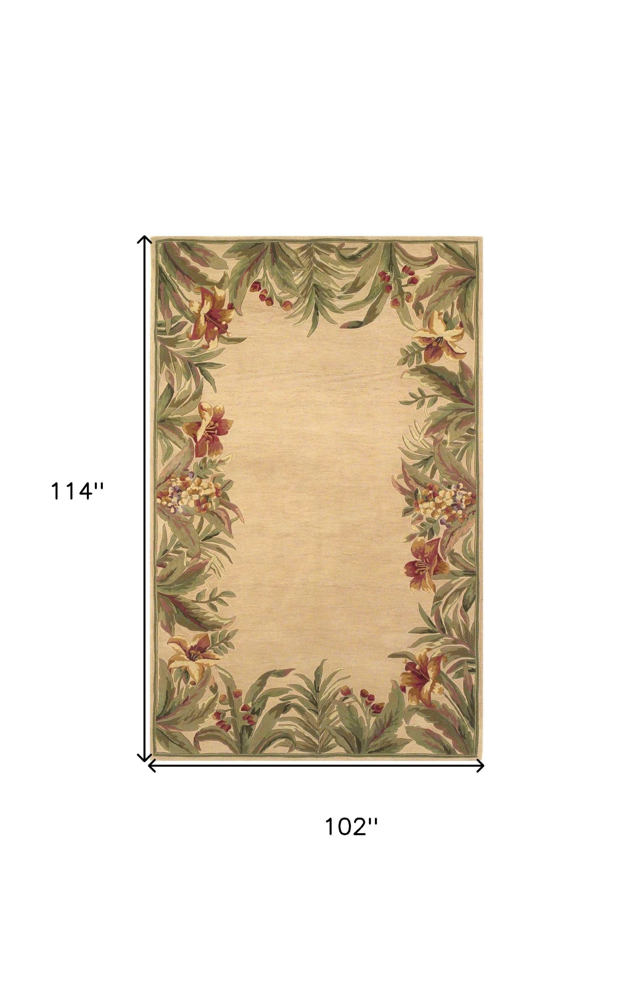 8'X10' Ivory Hand Tufted Bordered Tropical Plants Indoor Area Rug