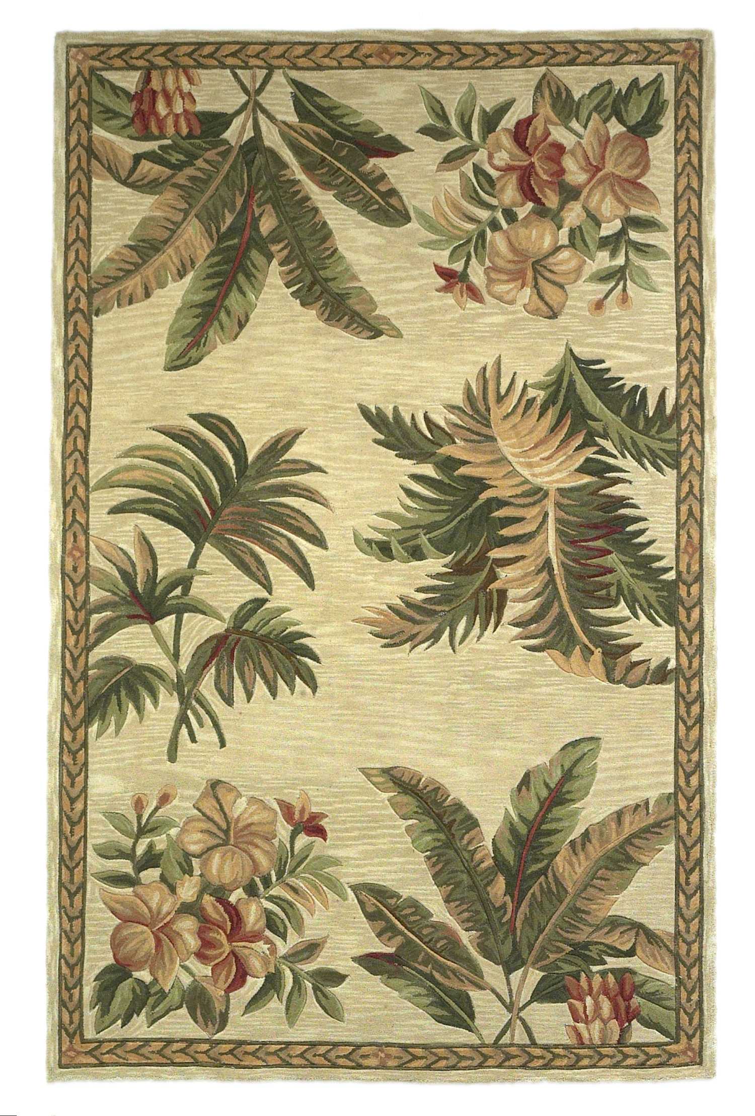 8' X 11'  Wool Ivory With Laurel Border Palm Tree Area Rug