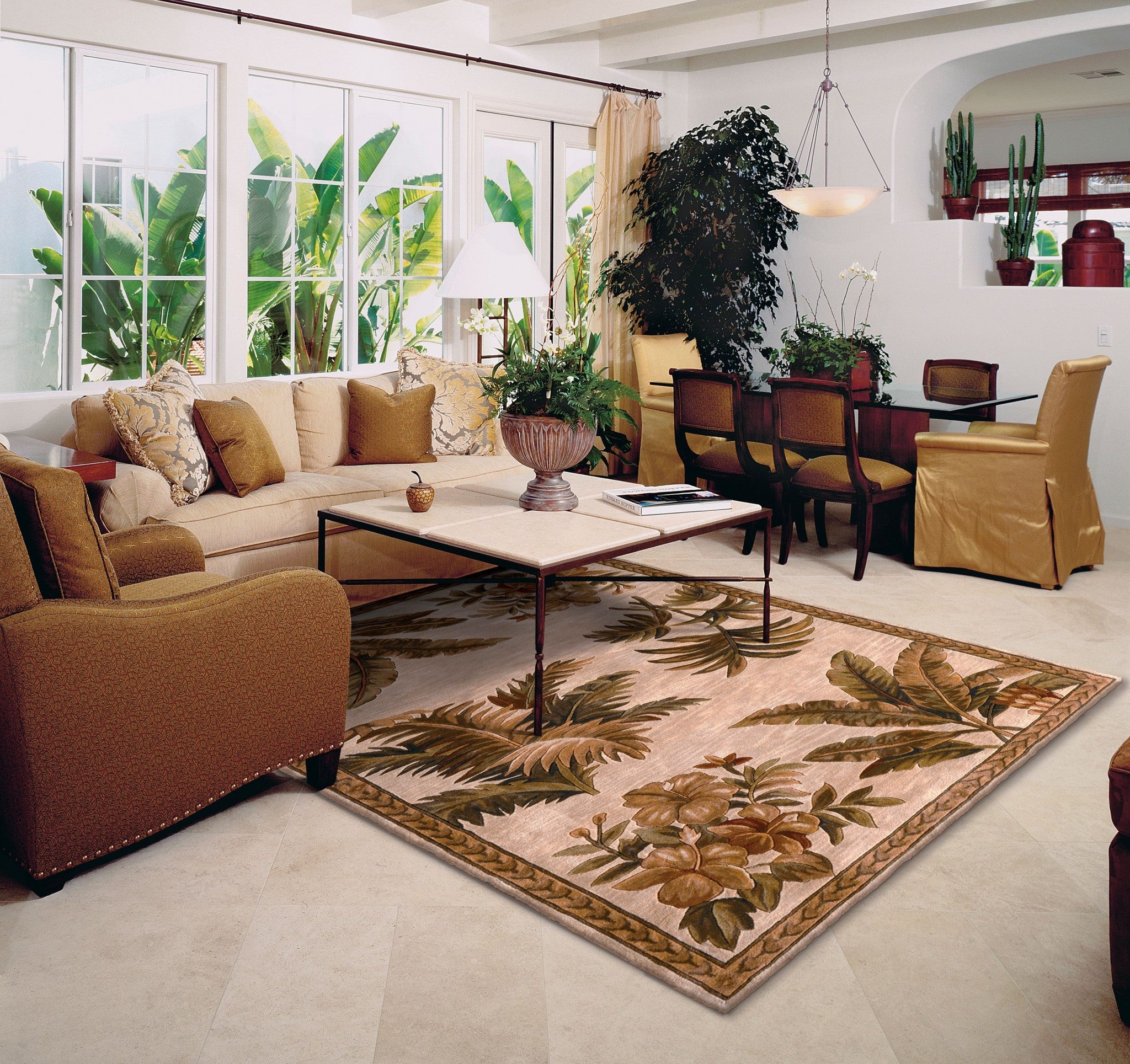 8' X 11'  Wool Ivory With Laurel Border Palm Tree Area Rug