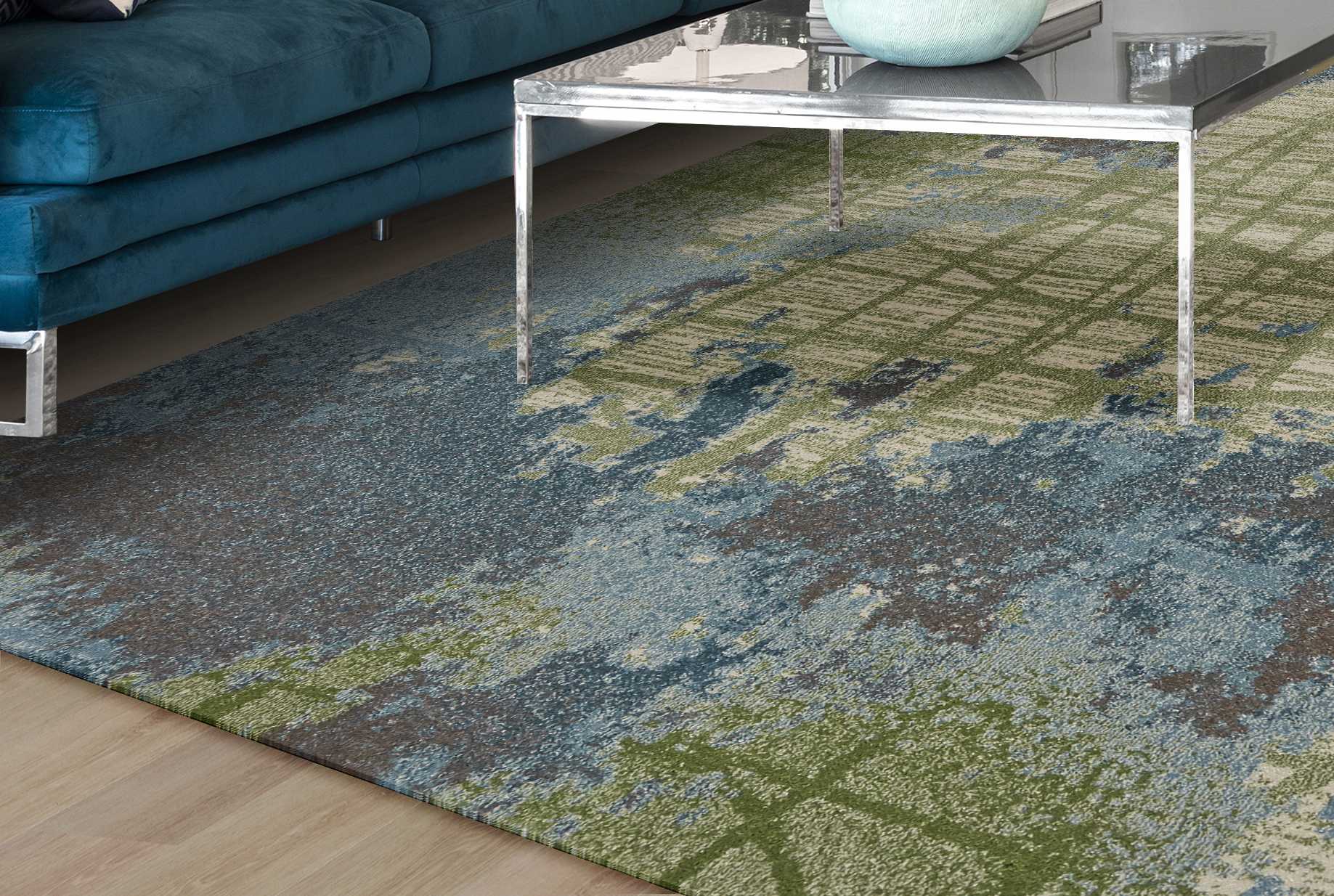 10'X13' Green Blue Machine Woven Abstract Indoor Area Rug