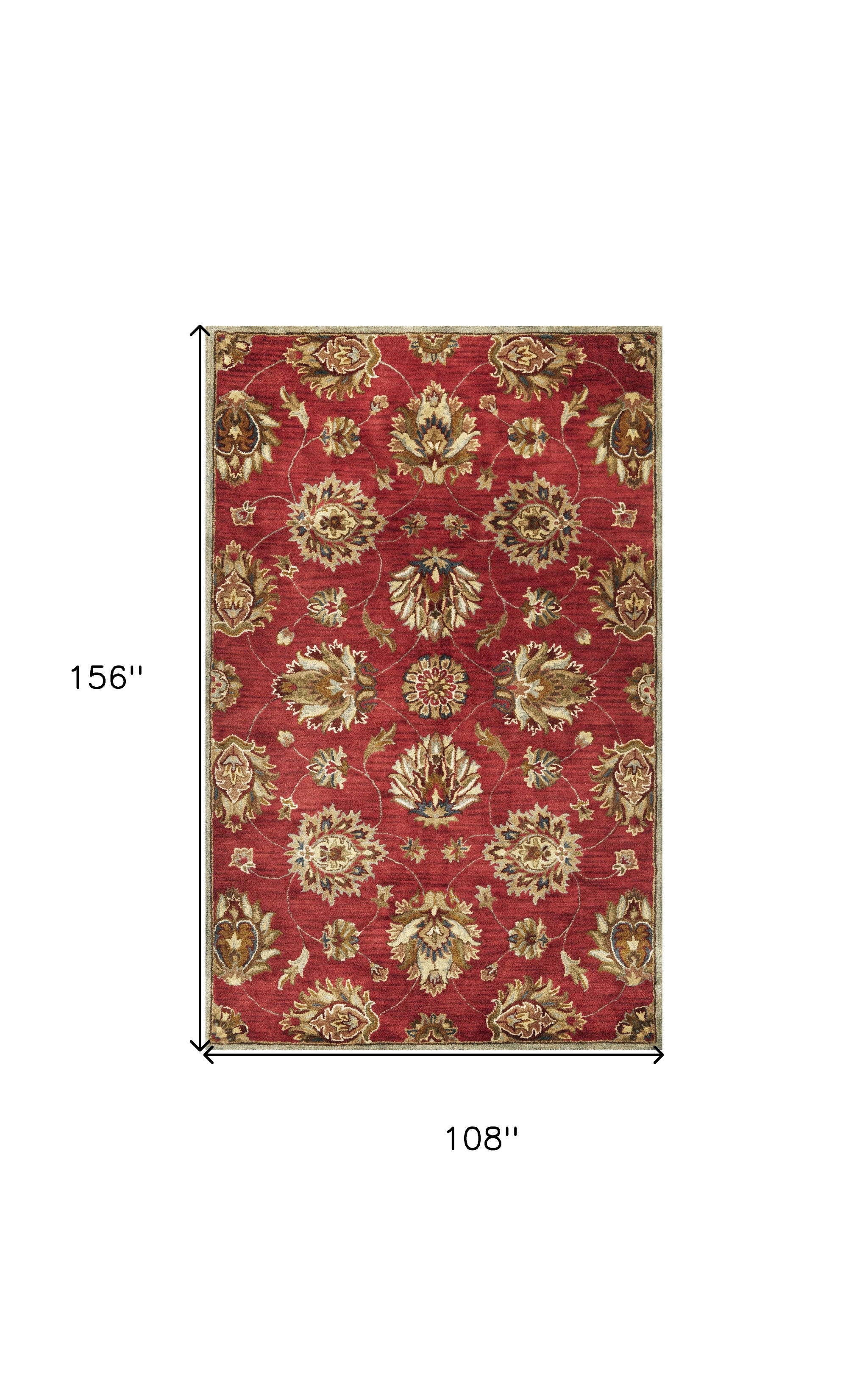 9' X 13' Red and Ivory Wool Floral Handmade Area Rug