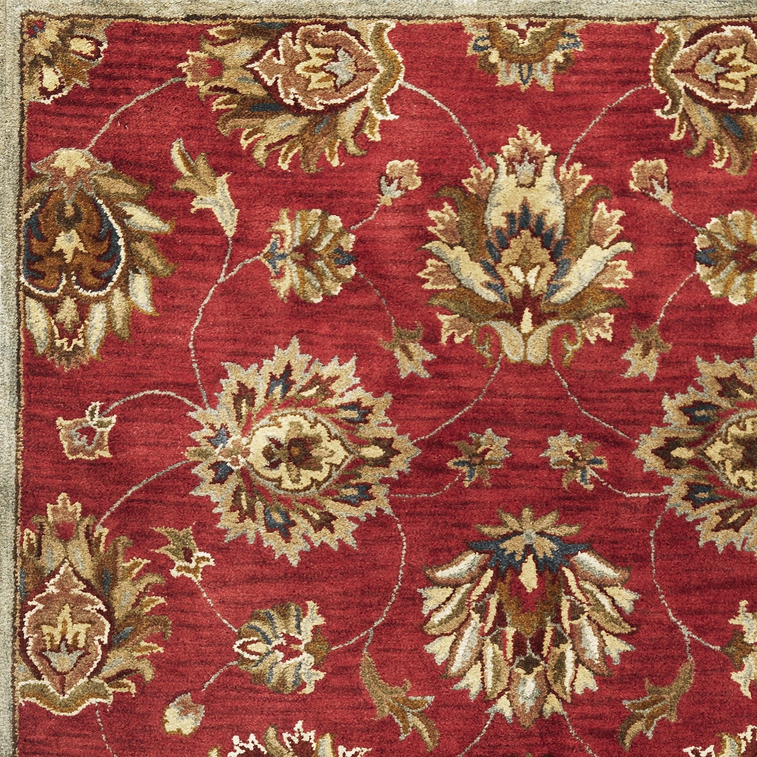 9' X 13' Red and Ivory Wool Floral Handmade Area Rug