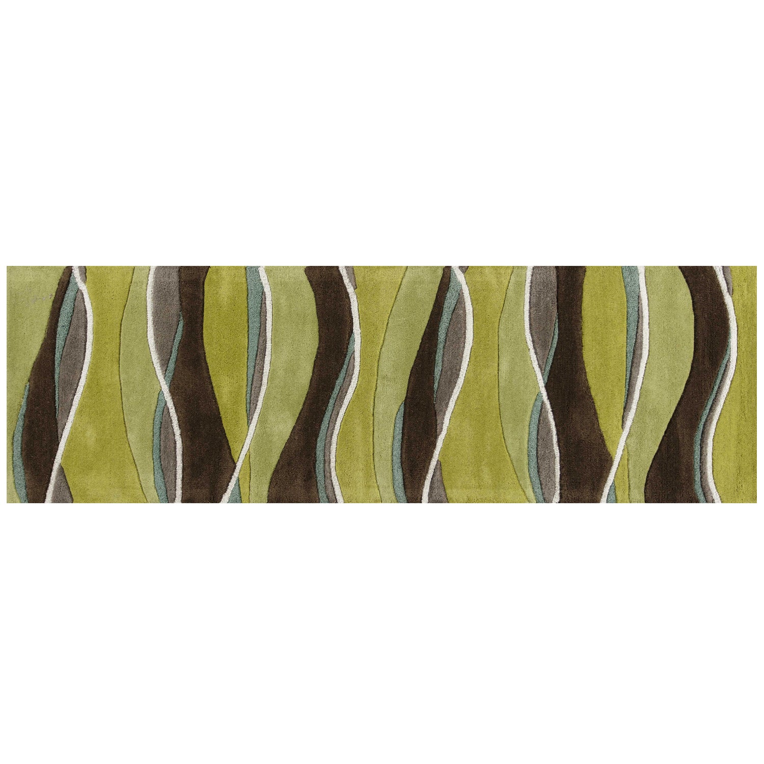 8' Lime Mocha Hand Tufted Abstract Waves Indoor Runner Rug