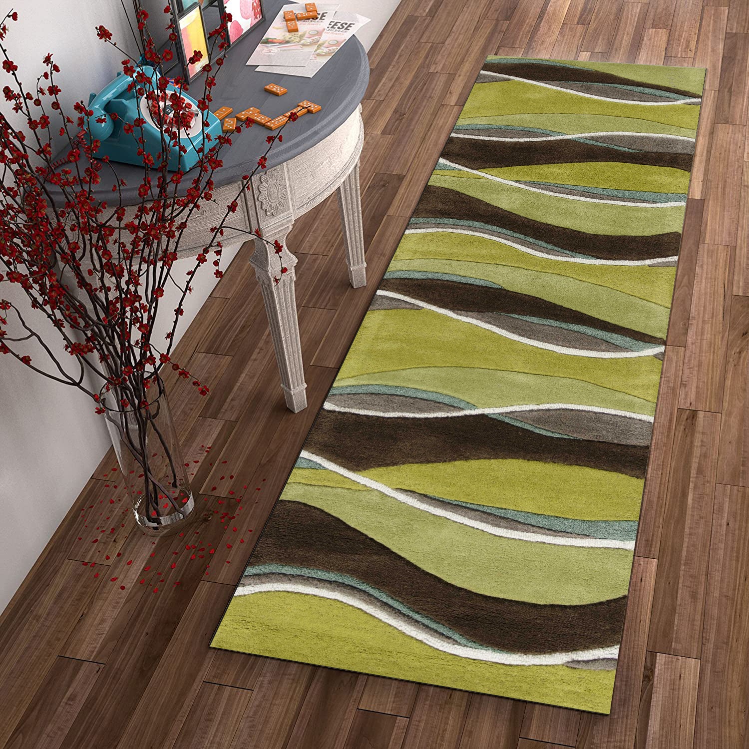 8' Lime Mocha Hand Tufted Abstract Waves Indoor Runner Rug