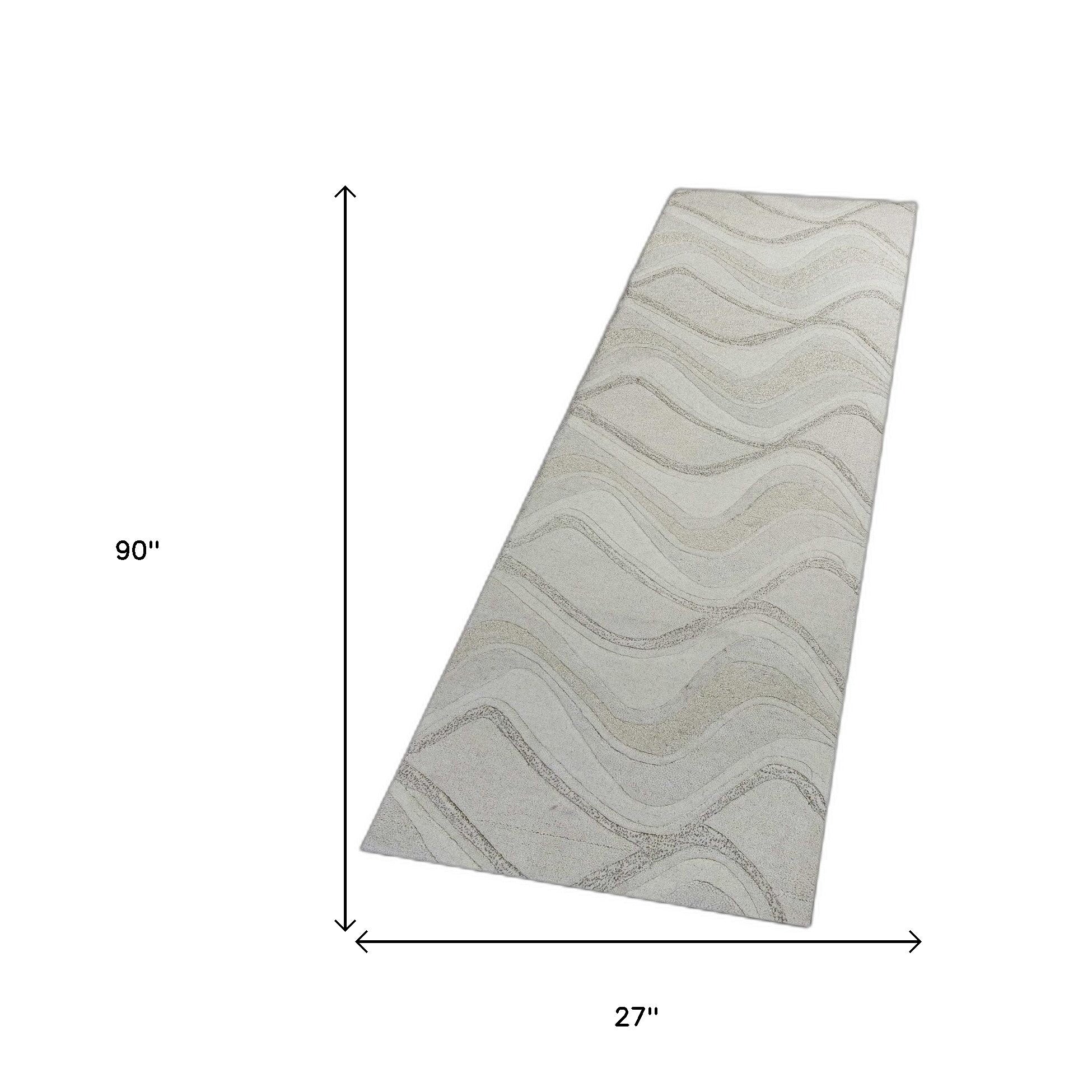 2' X 7' Ivory Abstract Waves Wool Runner Rug