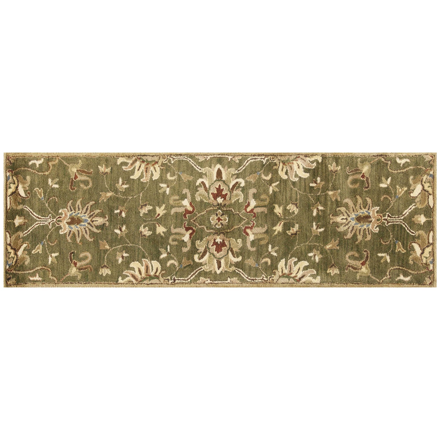 2' X 7' Emerald Green Floral Vine Wool Runner Rug