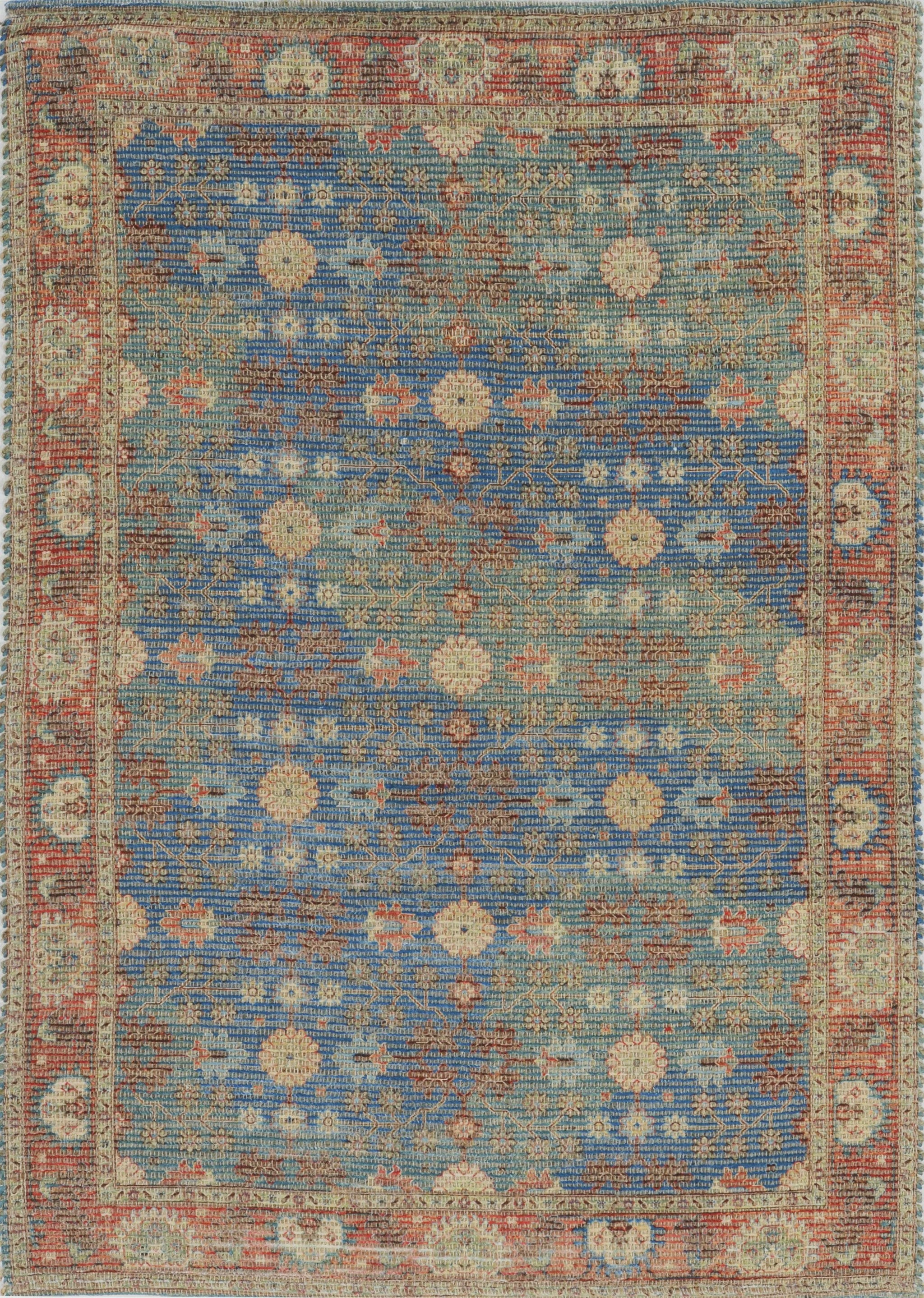 5'X7' Blue Red Hand Woven Floral Traditional Indoor Area Rug