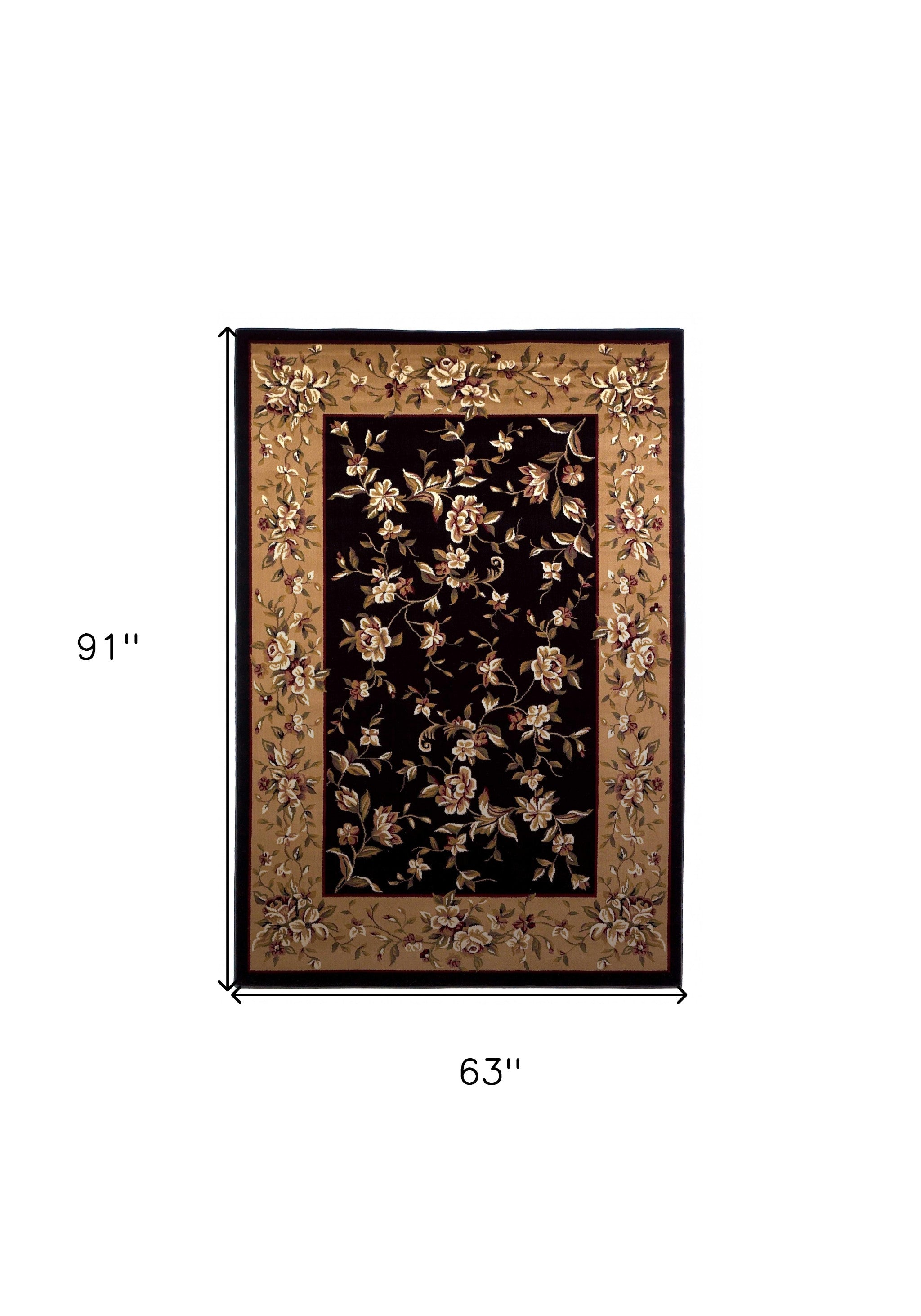 5'X8' Black Beige Machine Woven Floral Vines Indoor Area Rug