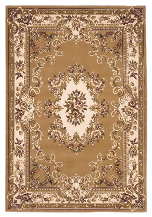 5'X8' Beige Ivory Machine Woven Hand Carved Floral Medallion Indoor Area Rug