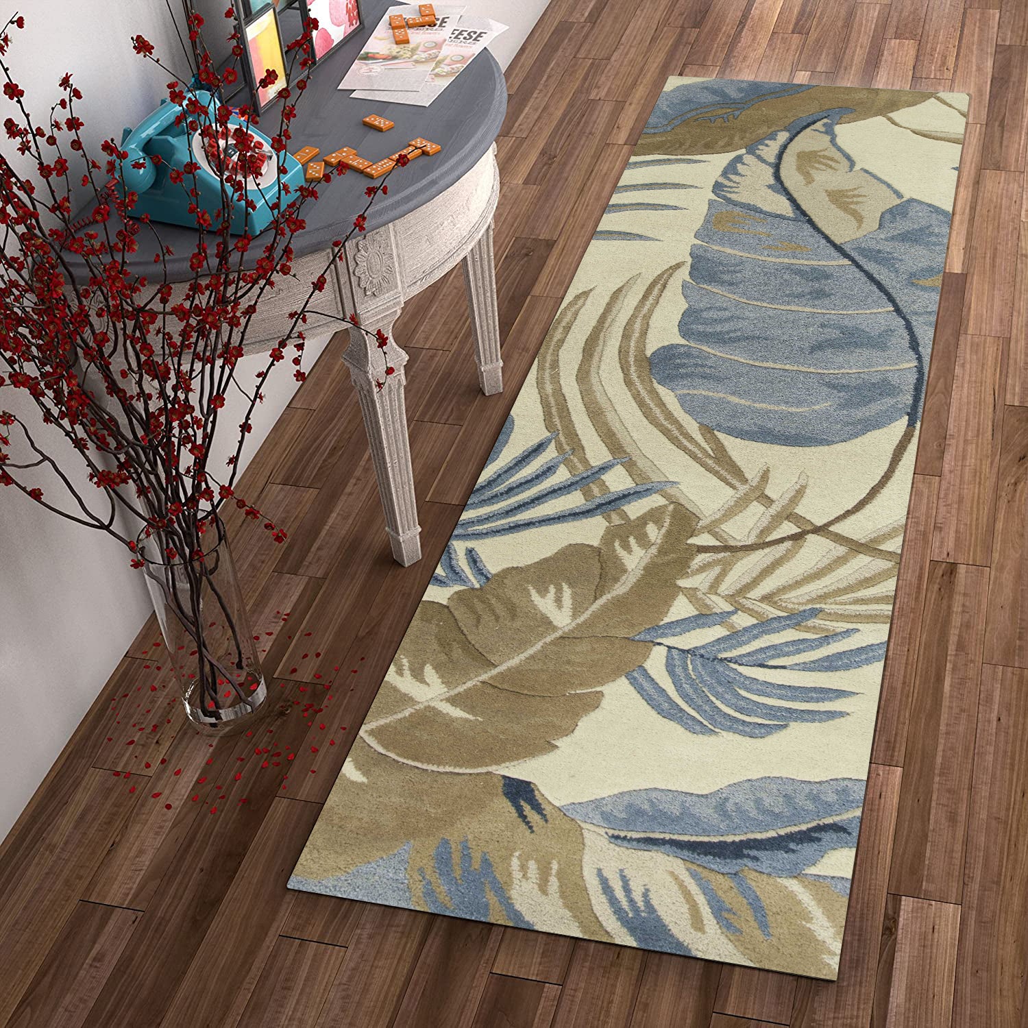 2' X 8' Ivory Or Blue Leaves Wool Runner Rug