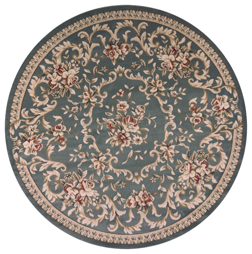 8' Round Slate Blue Floral Vine Bordered Indoor Area Rug