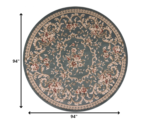 8' Round Slate Blue Floral Vine Bordered Indoor Area Rug