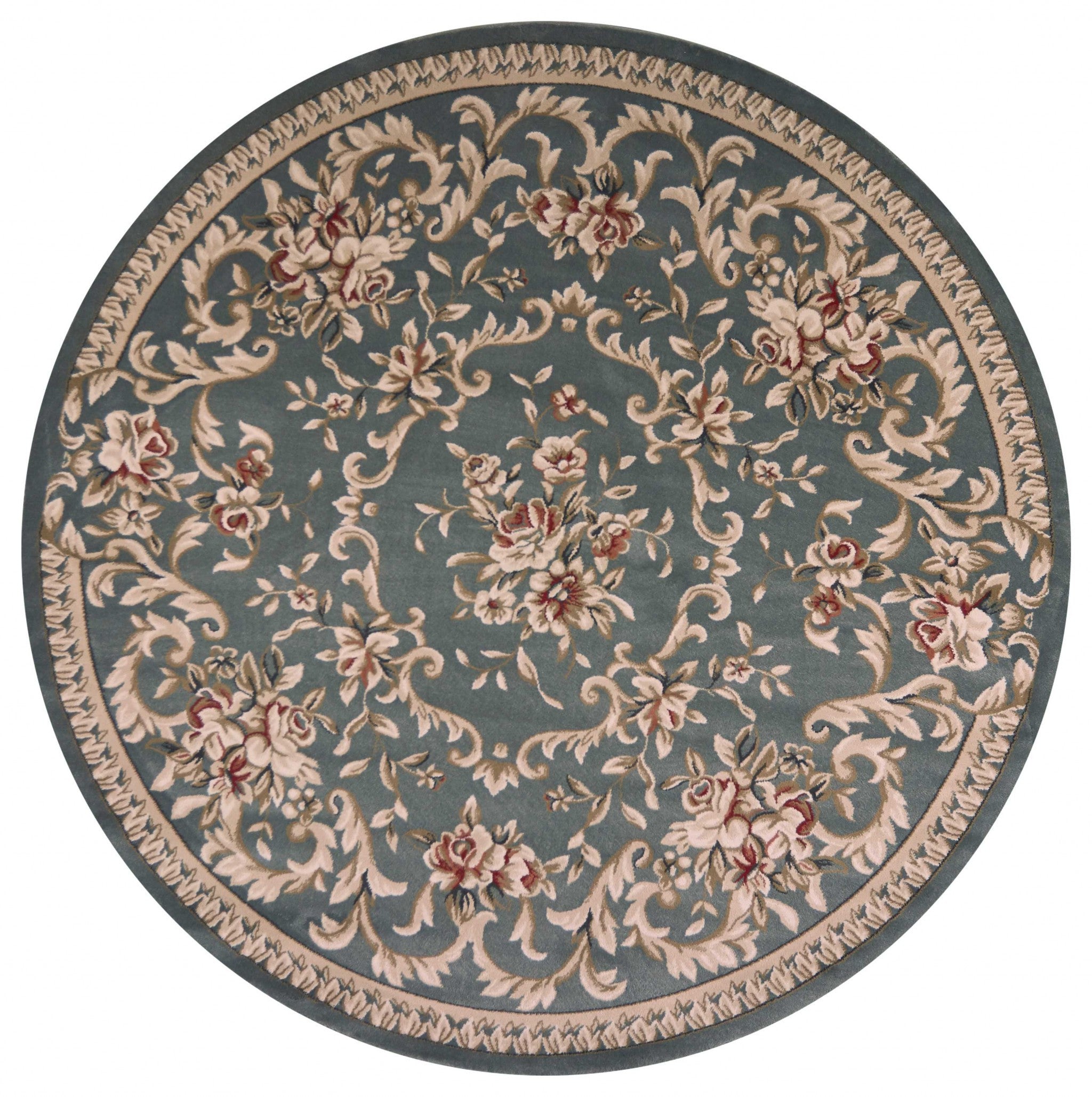 8' Round Slate Blue Floral Vine Bordered Indoor Area Rug