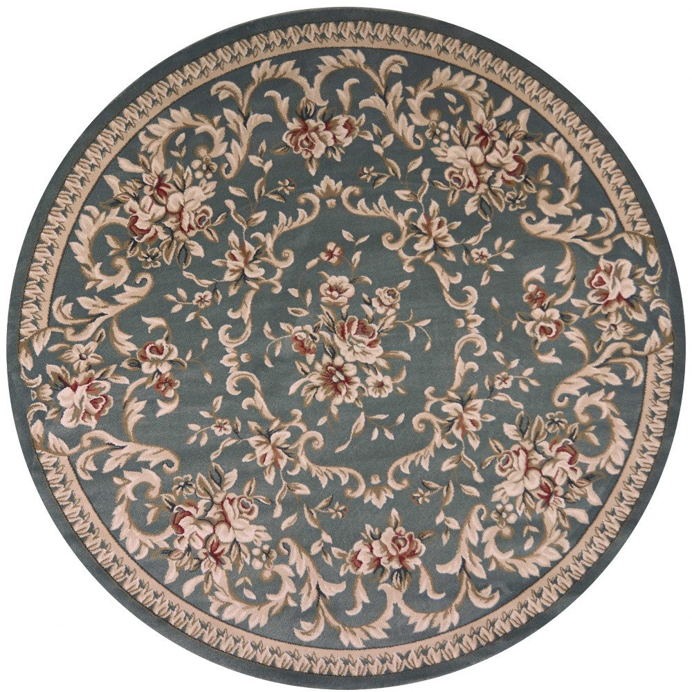 8' Round Slate Blue Floral Vine Bordered Indoor Area Rug