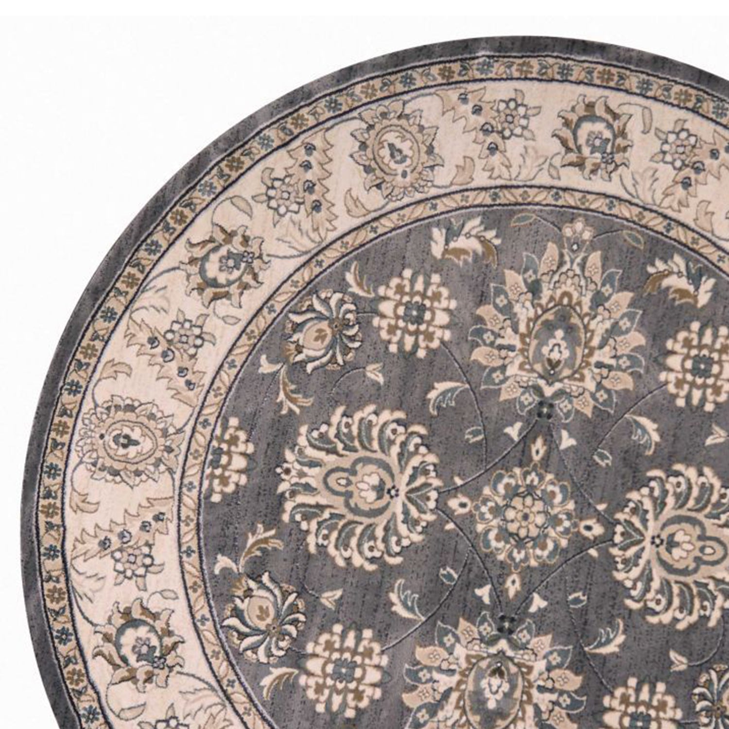 8' Gray And Ivory Round Floral Area Rug