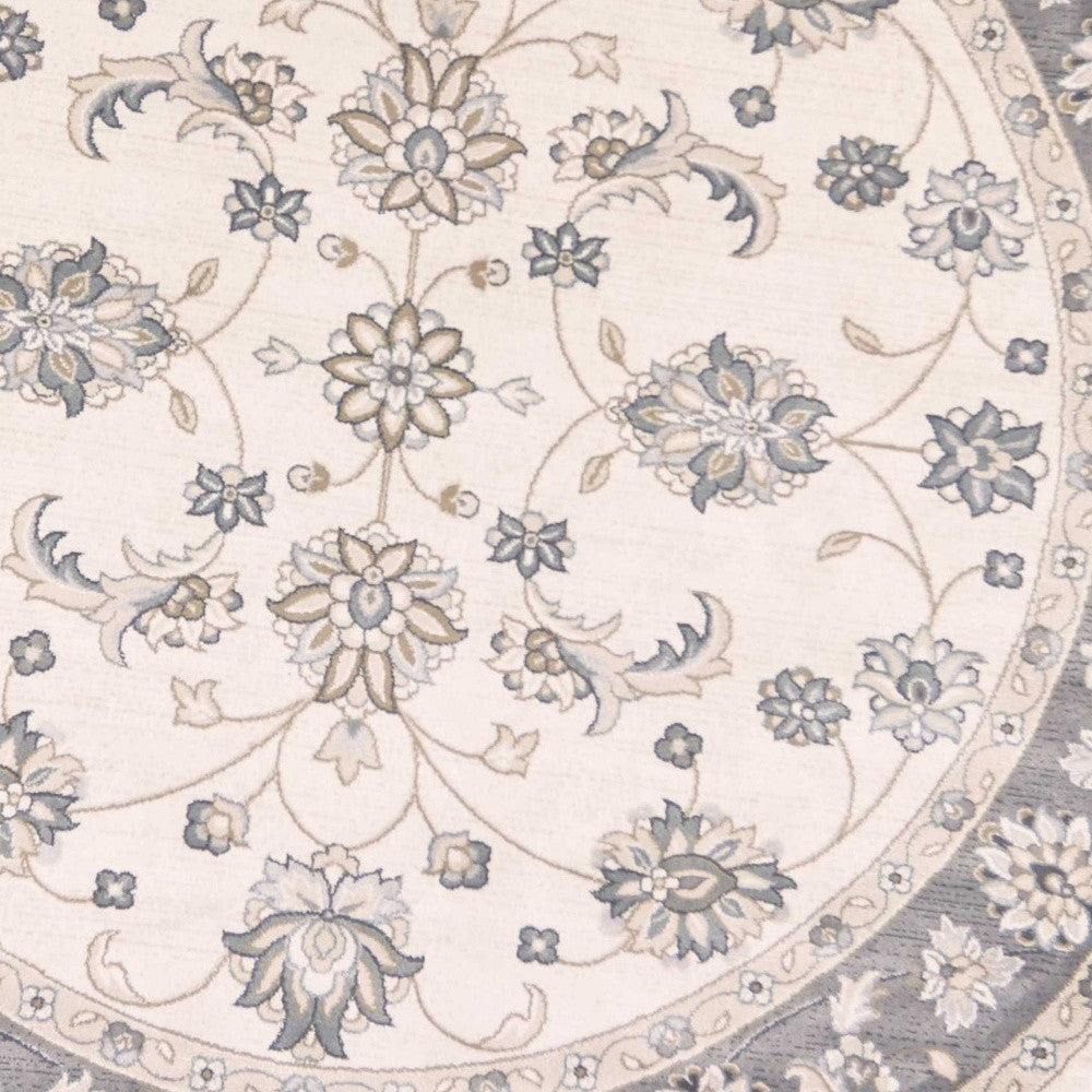 8' Ivory Grey Floral Round Indoor Area Rug