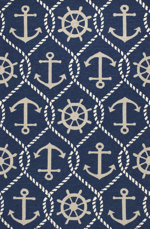 5'X8' Navy Blue Hand Hooked Uv Treated Nautical Indoor Outdoor Area Rug