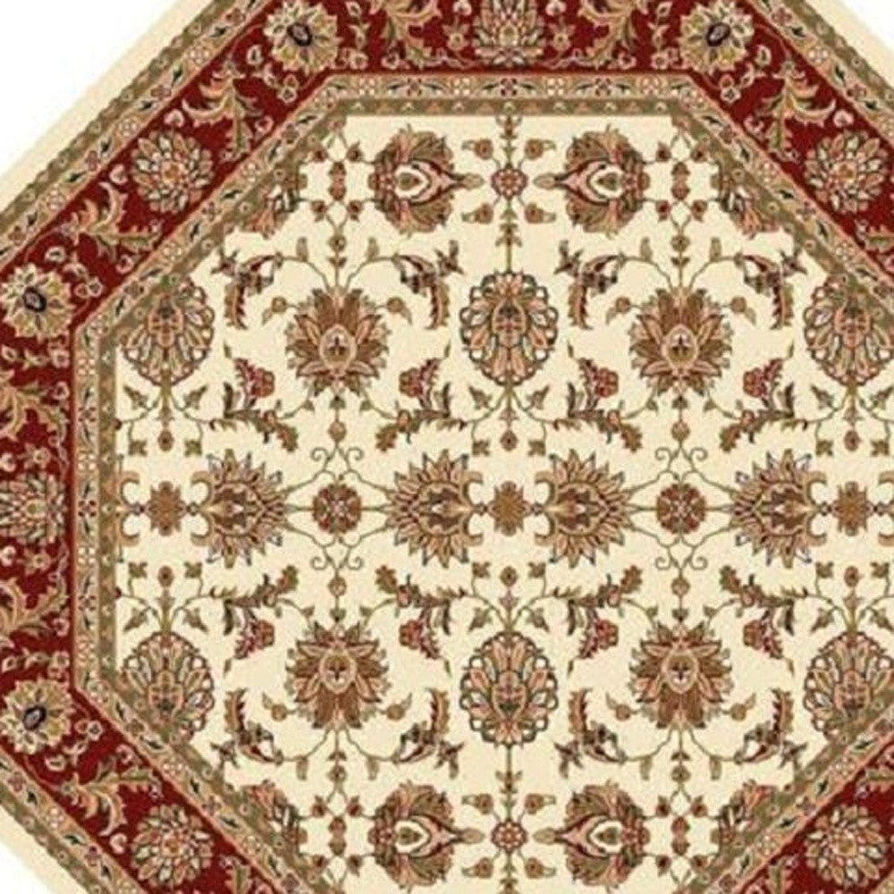 8' Ivory And Red Octagon Floral Vines Area Rug