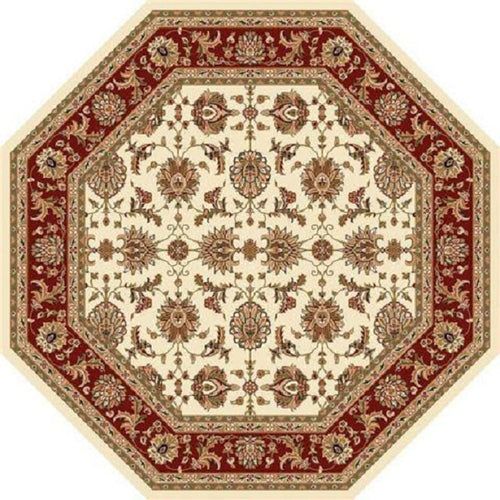 8' Ivory And Red Octagon Floral Vines Area Rug