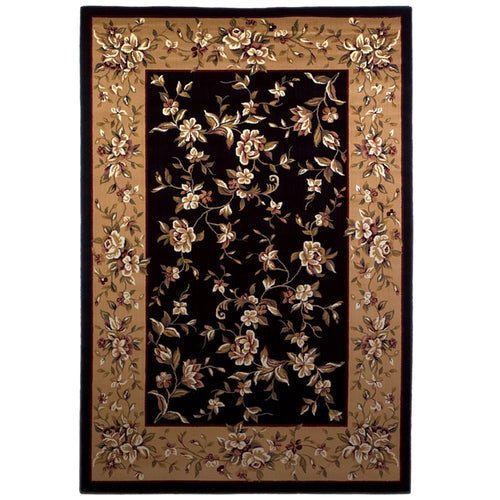 Black And Beige Octagon Floral Vines Area Rug