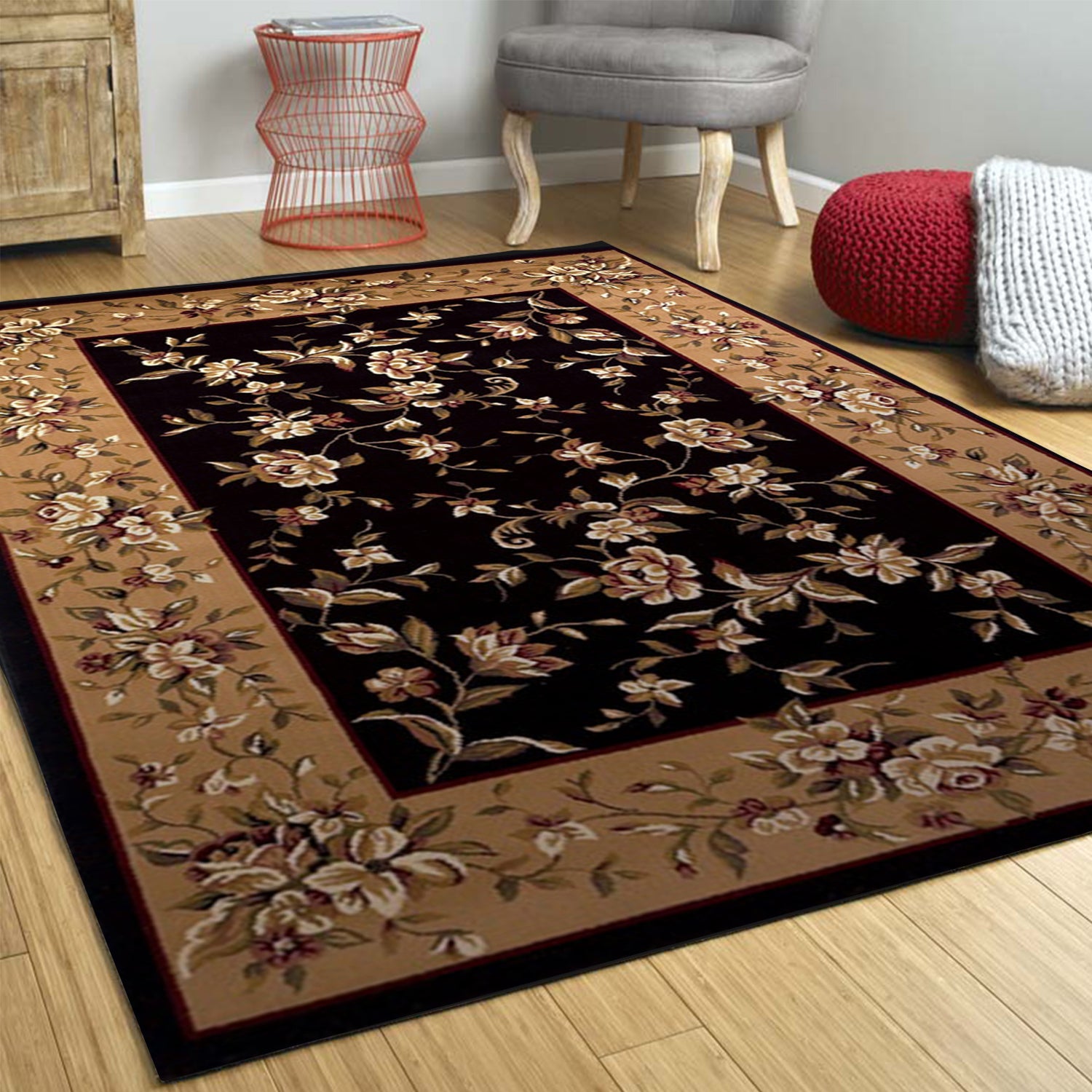 Black And Beige Octagon Floral Vines Area Rug