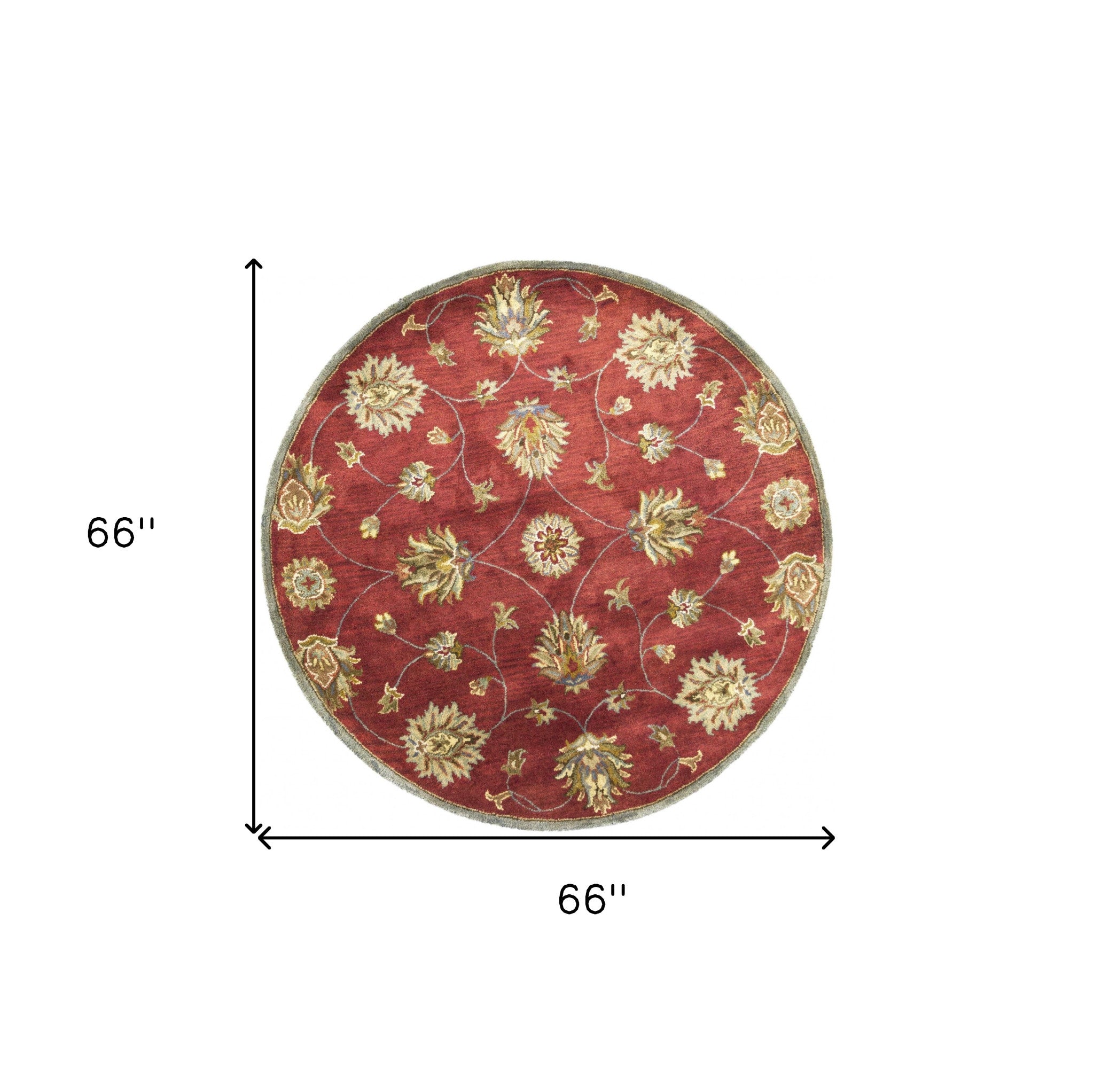 5' Round Red Floral Vine Wool Indoor Area Rug