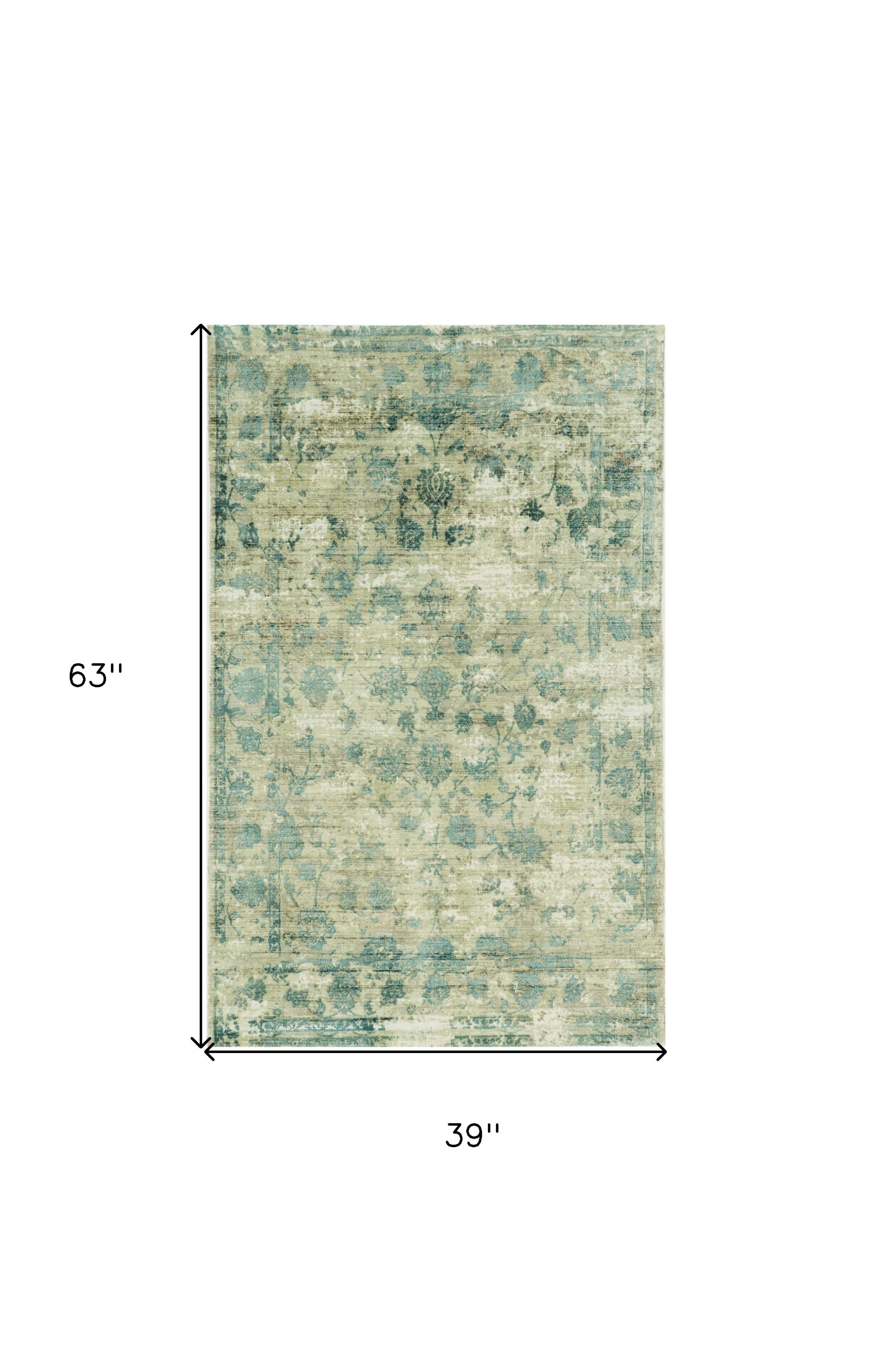 3' X 5' Beige and Blue Floral Area Rug