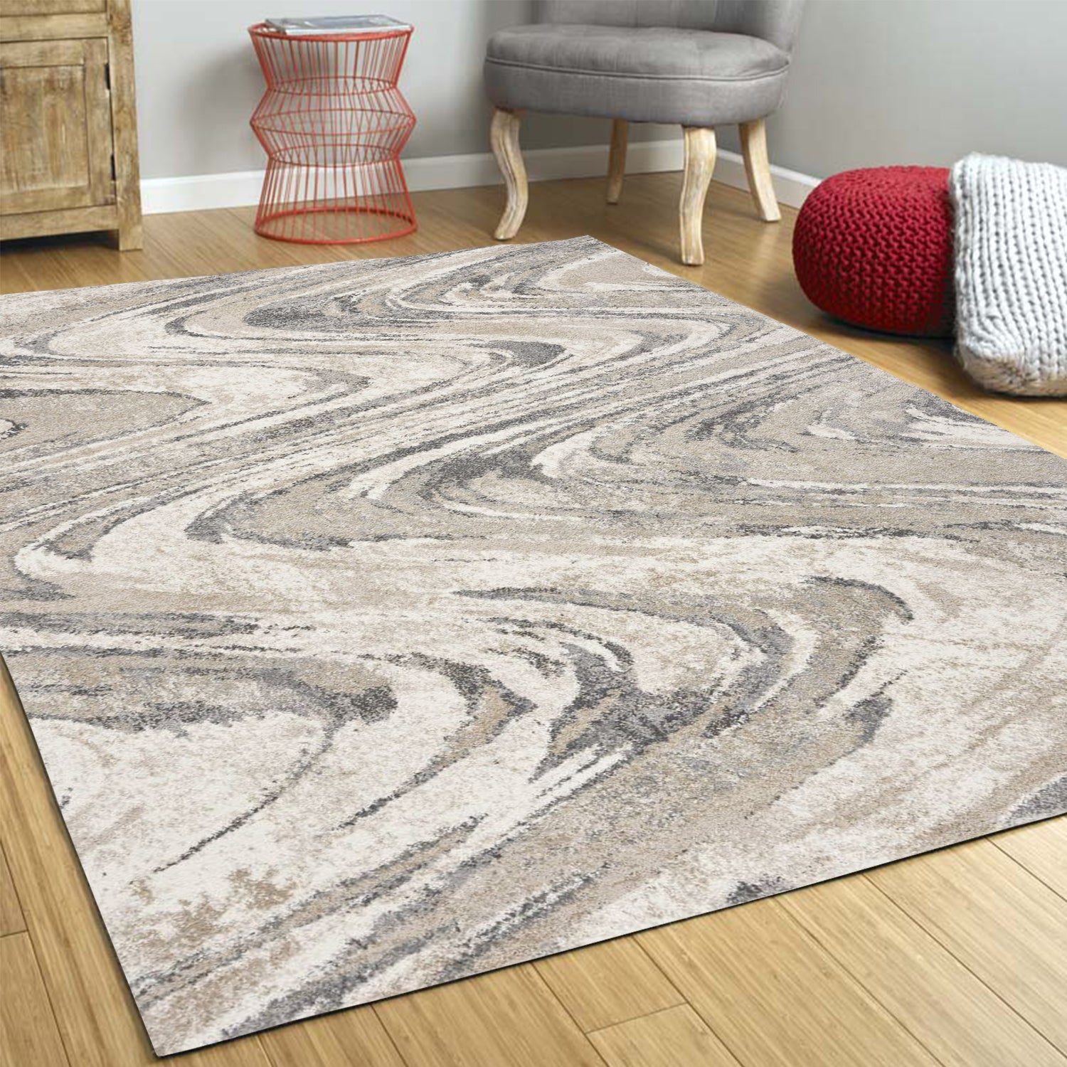 5' X 8' Natural Abstract Wave Brushstrokes Indoor Area Rug