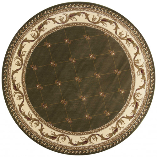 8' Green and Brown Round Oriental Area Rug