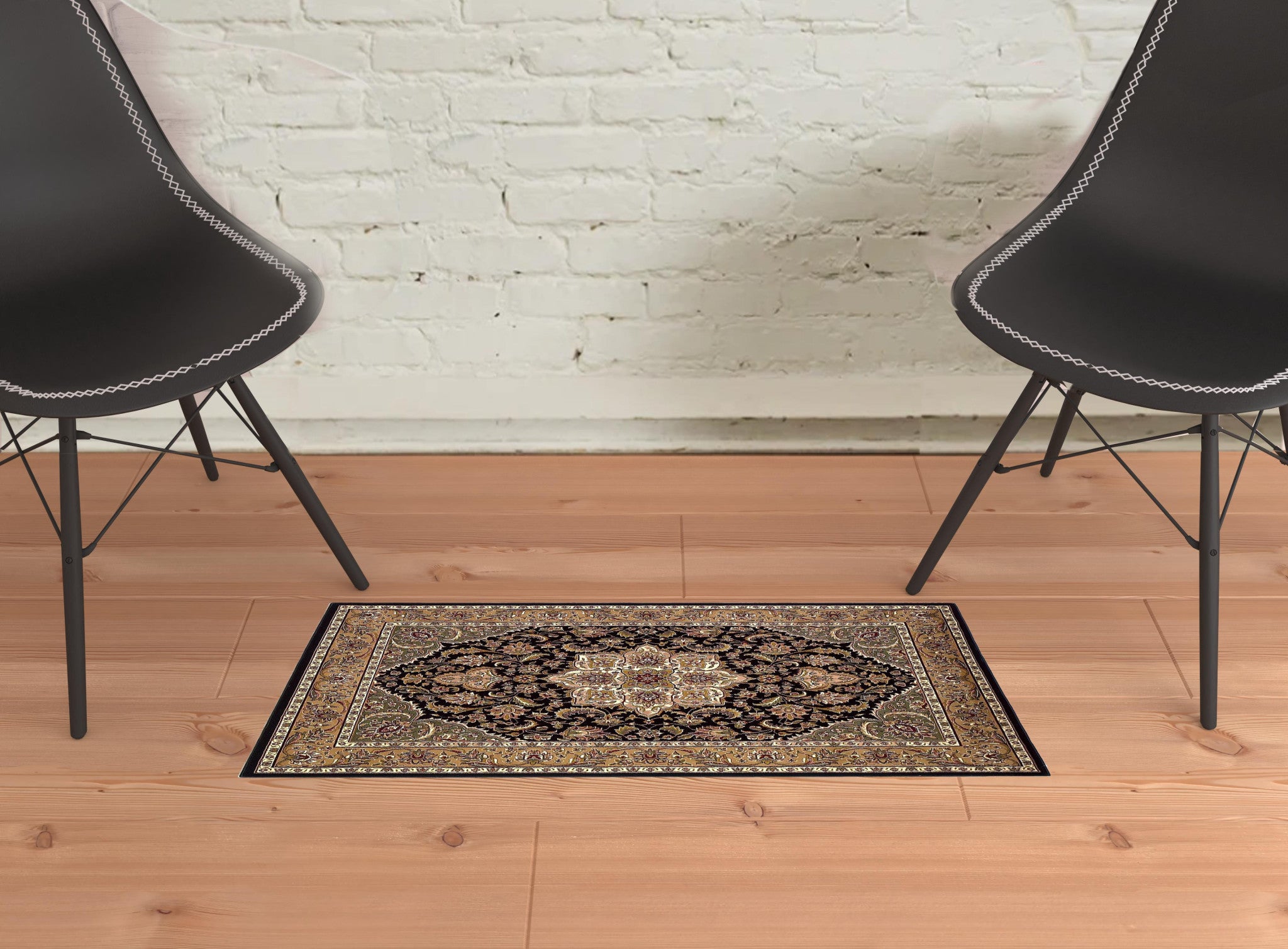 2' X 3' Beige And Black Floral Medallion Area Rug