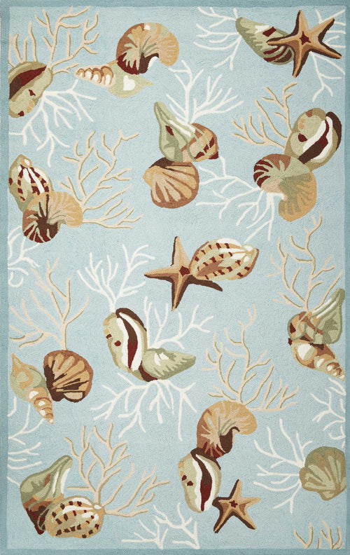 2'X3' Blue Hand Hooked Sea Shells Indoor Accent Rug