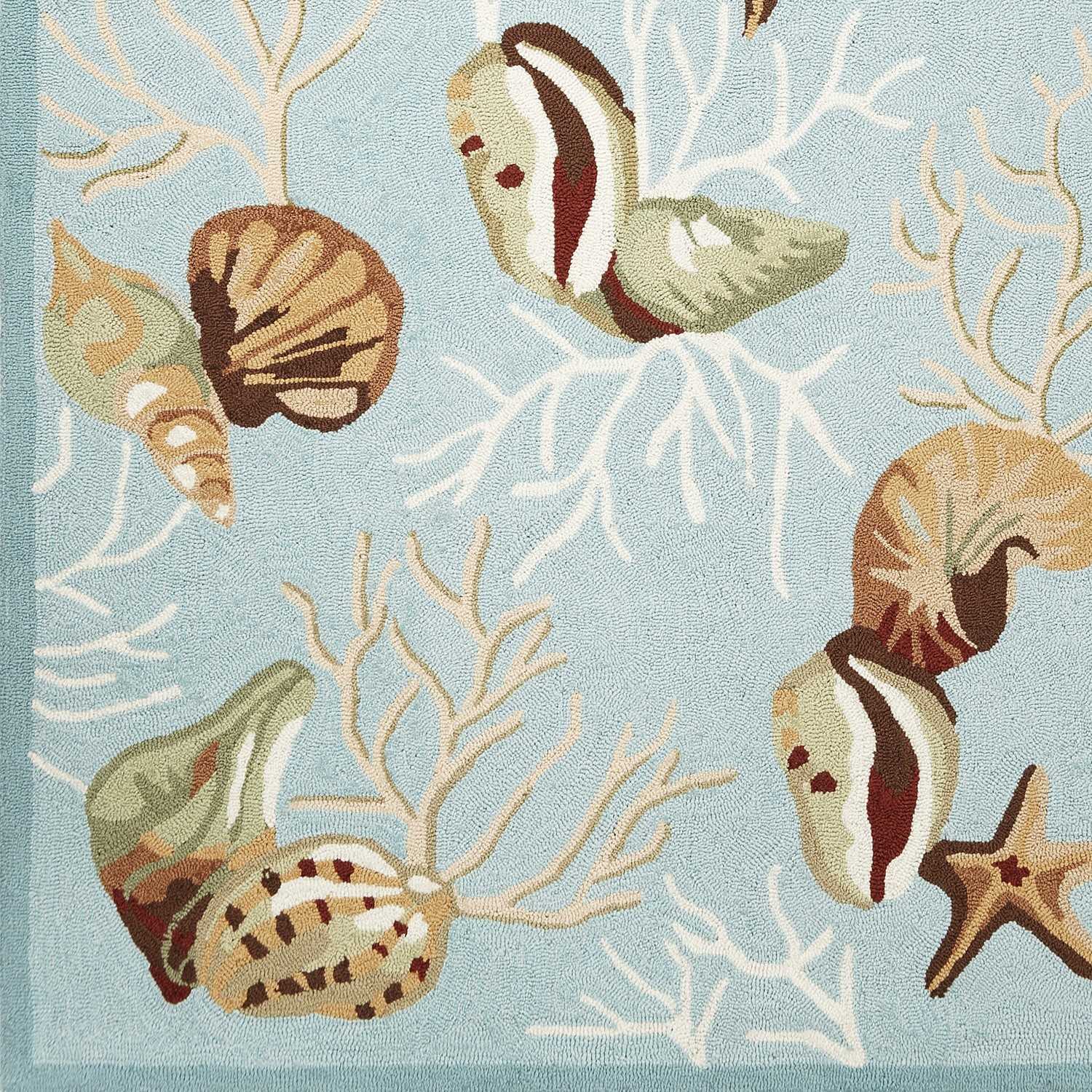 2'X3' Blue Hand Hooked Sea Shells Indoor Accent Rug