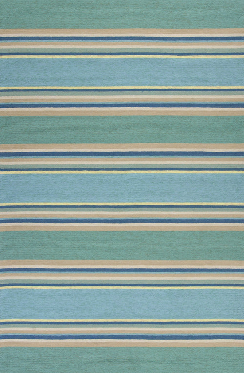 2'X3' Ocean Blue Hand Hooked Uv Treated Awning Stripes Indoor Outdoor Accent Rug