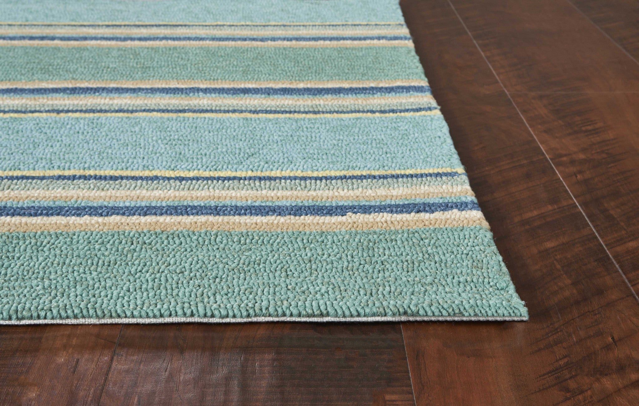 2'X3' Ocean Blue Hand Hooked Uv Treated Awning Stripes Indoor Outdoor Accent Rug