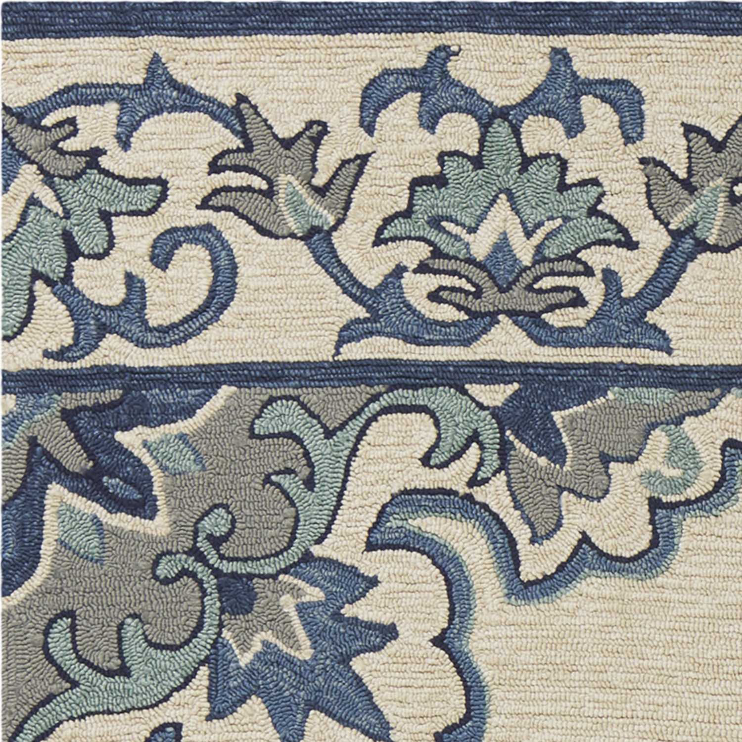 2'X3' Ivory Blue Hand Hooked Floral Medallion Indoor Outdoor Accent Rug