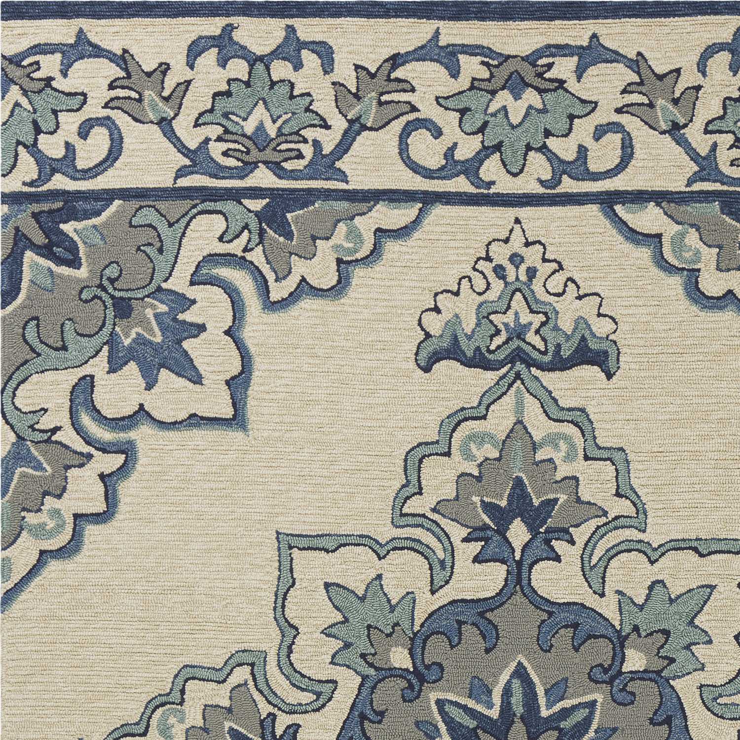 2'X3' Ivory Blue Hand Hooked Floral Medallion Indoor Outdoor Accent Rug