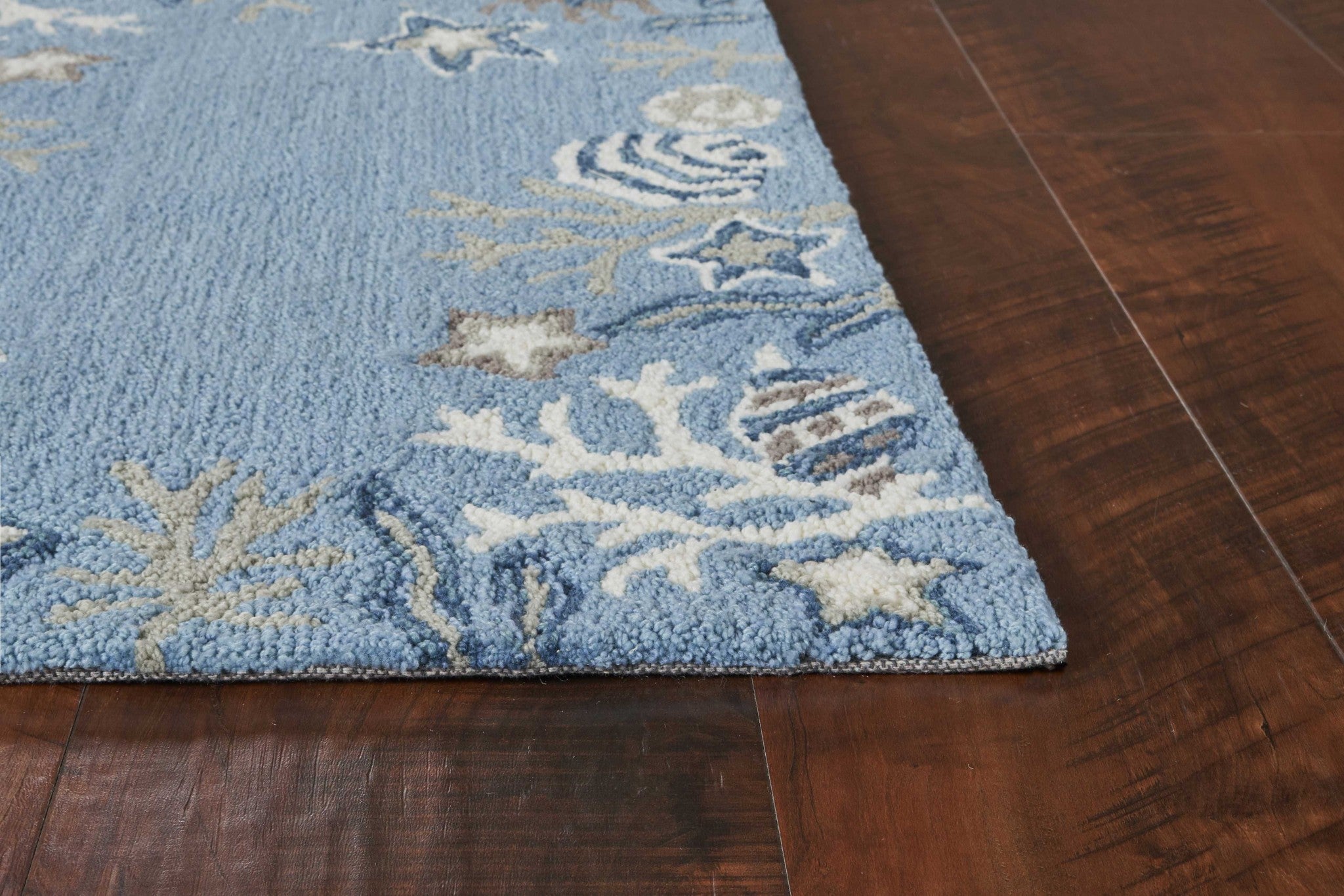 2'X4' Sea Blue Hand Hooked Bordered Coral Reef Indoor Accent Rug