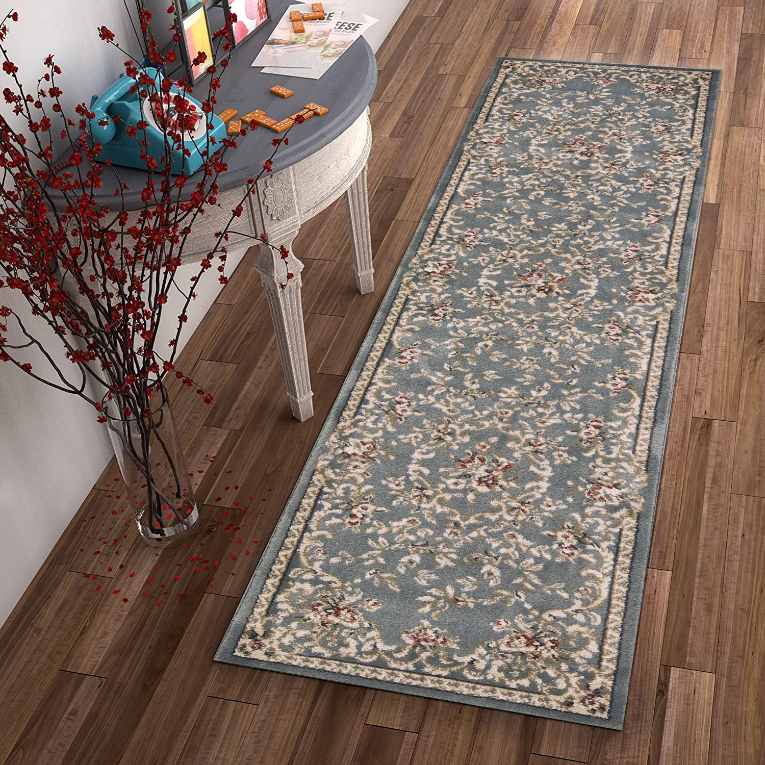 8' Slate Blue Bordered Floral Indoor Runner Rug