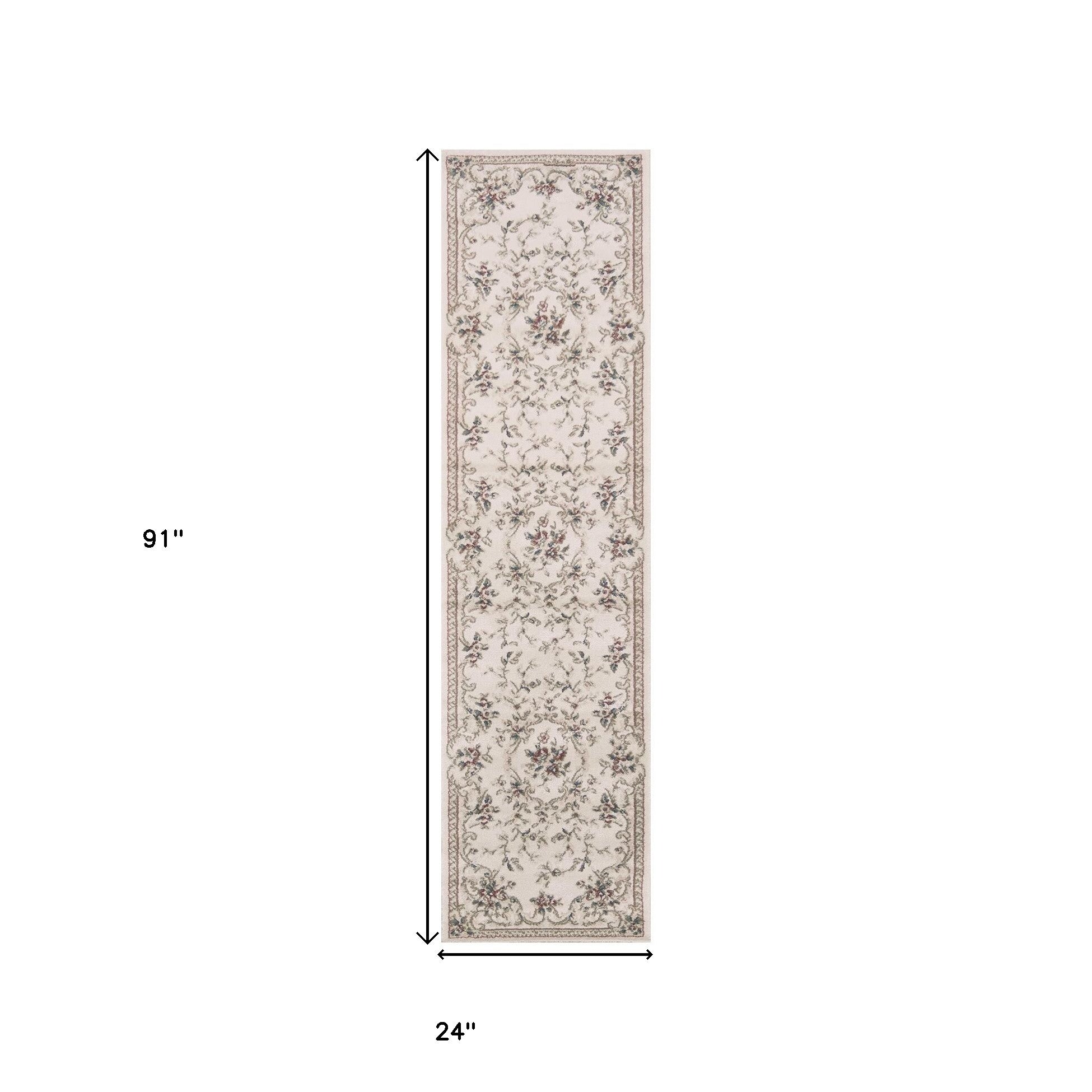 8' Ivory Bordered Floral Indoor Runner Rug