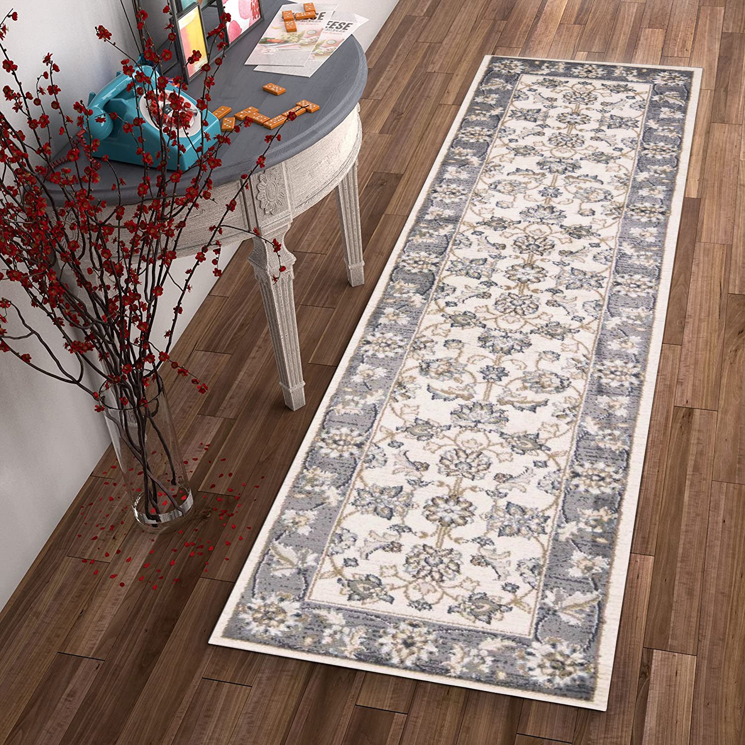 8' Gray And Ivory Runner Rug