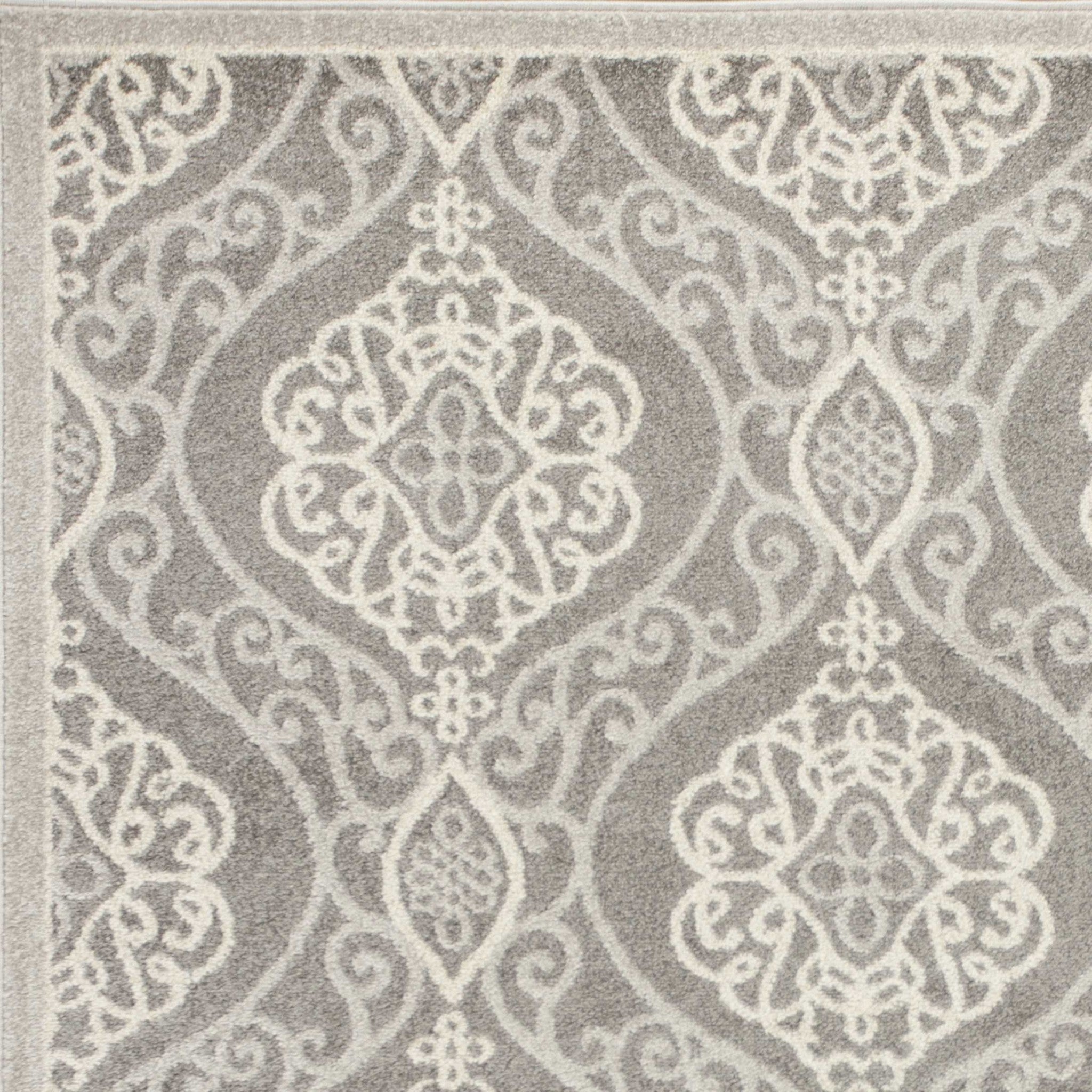 3'X5' Silver Grey Machine Woven Uv Treated Floral Ogee Indoor Outdoor Area Rug