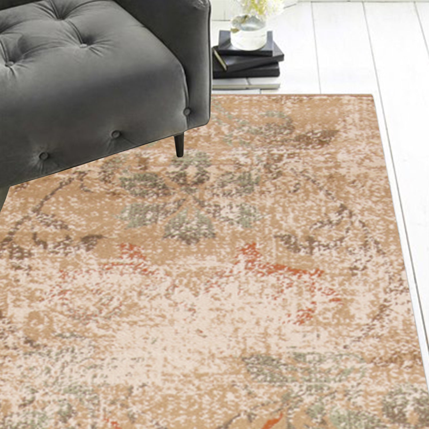 7' Champagne Beige Machine Woven Damask Indoor Runner Rug