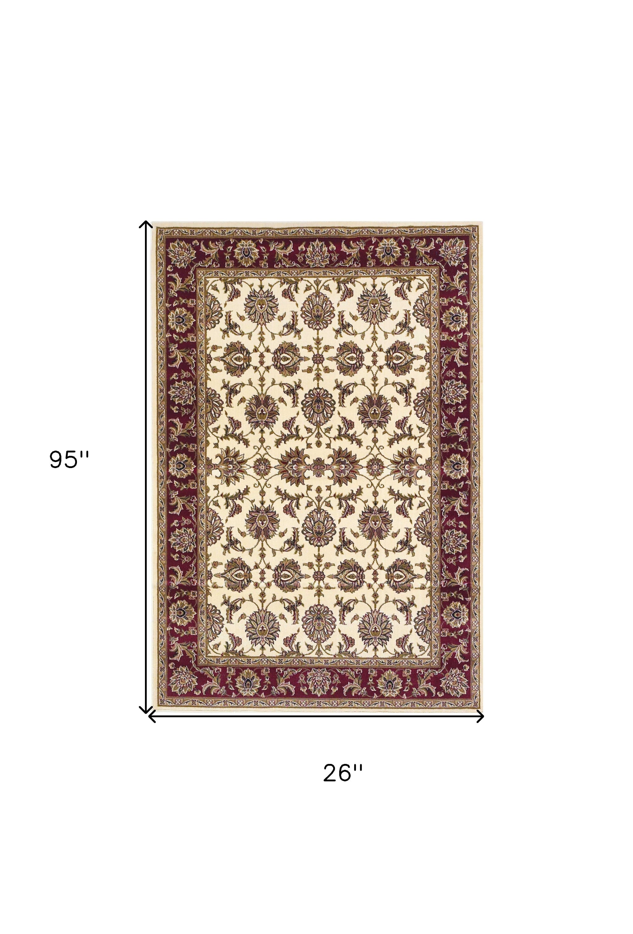 8' Red And Ivory Floral Medallion Runner Rug