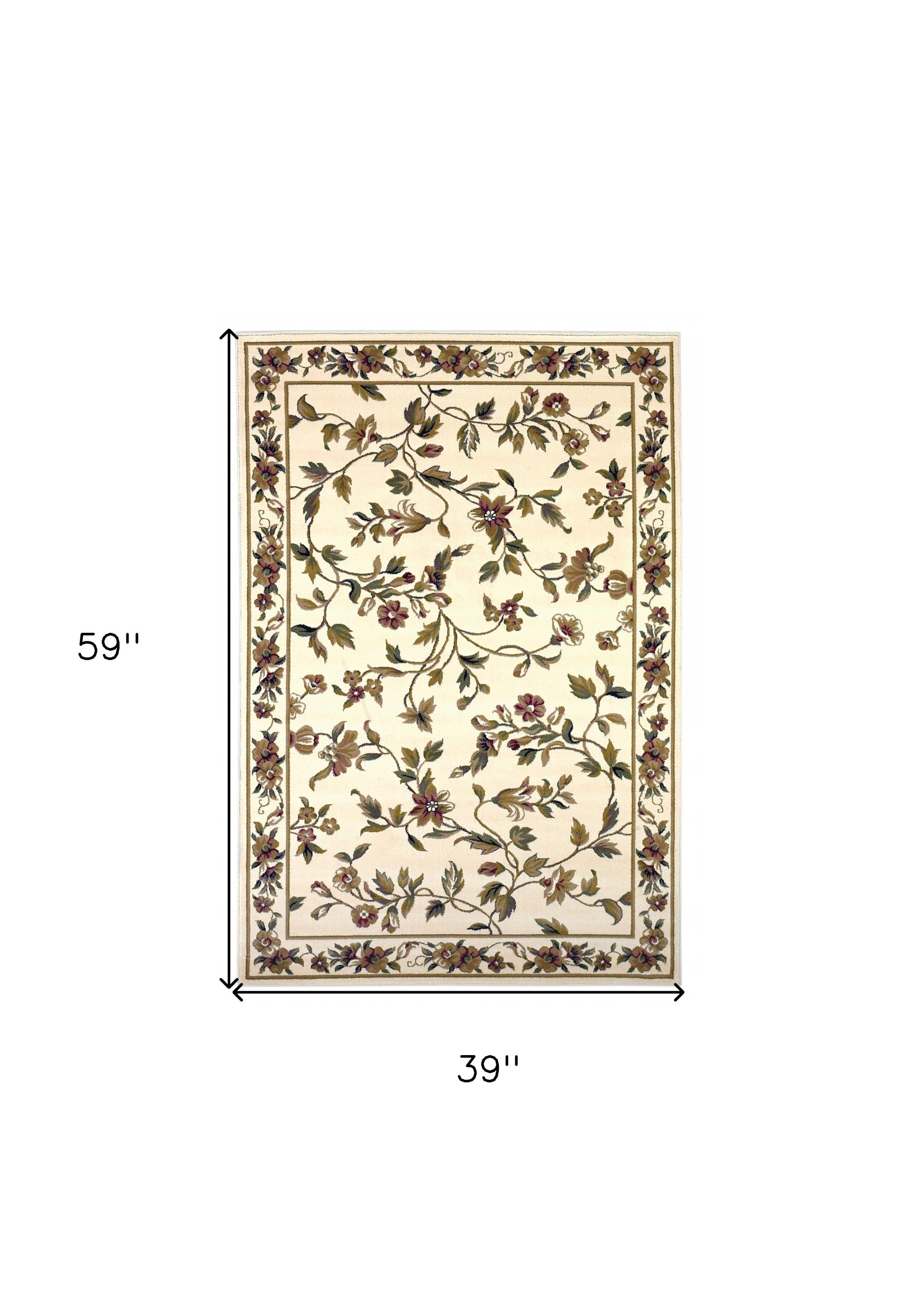 3'X5' Ivory Machine Woven Floral Vines Indoor Area Rug