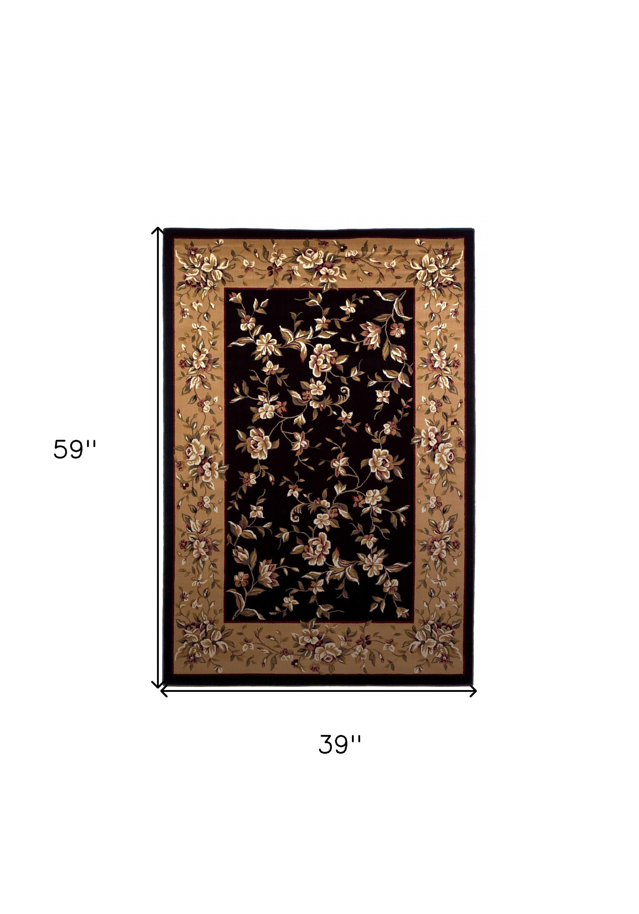 3'X5' Black Beige Machine Woven Floral Vines Indoor Area Rug