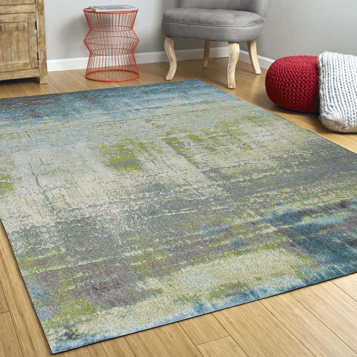 3'X5' Blue Green Machine Woven Abstract Brushstroke Indoor Area Rug