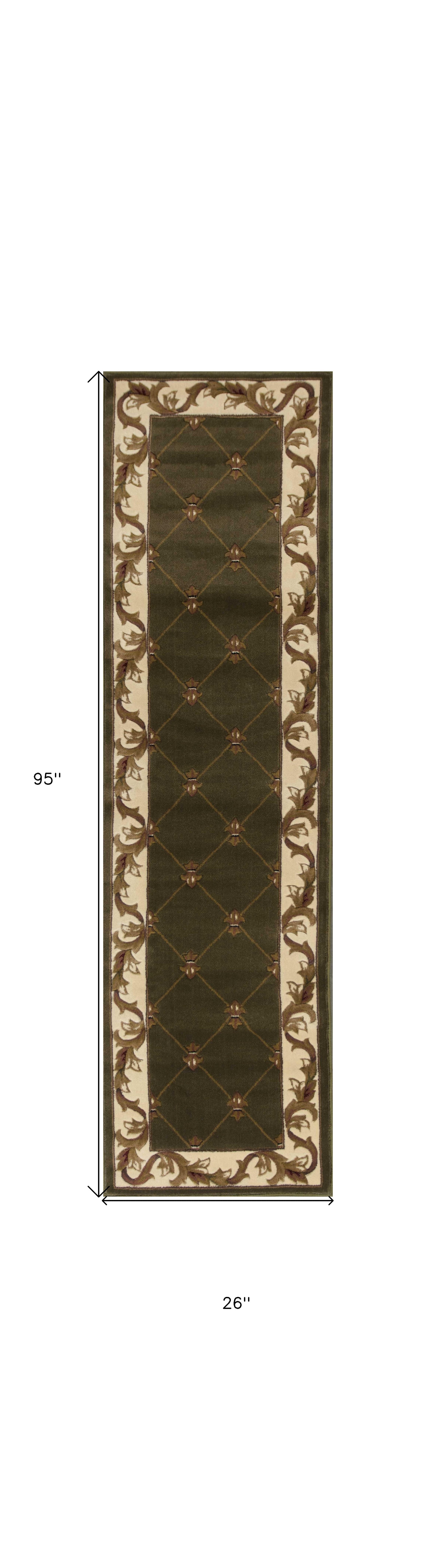 2' X 8' Green Fleur De Lis Runner Rug