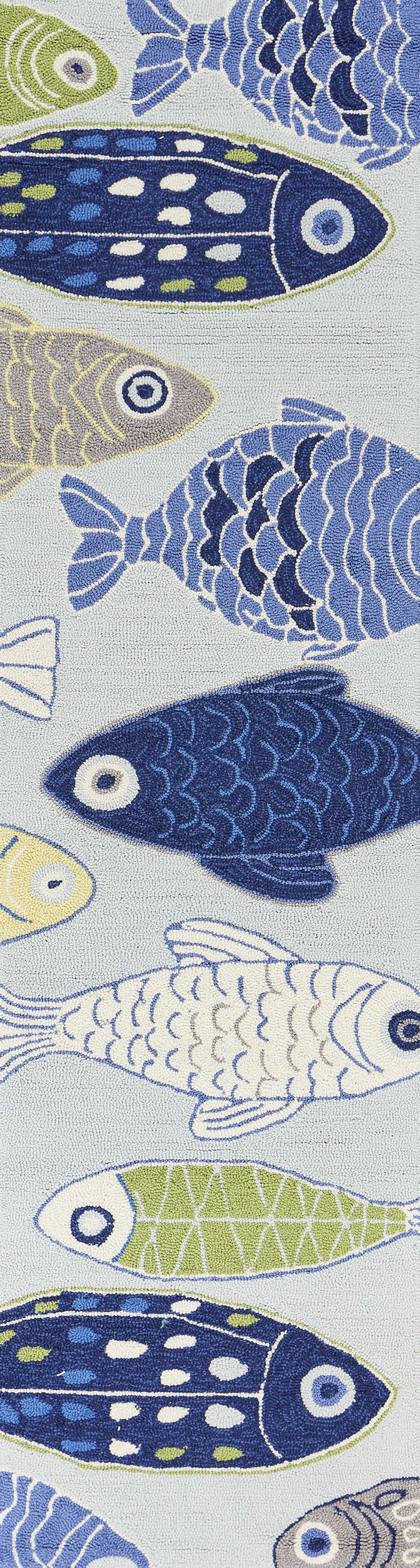 8' Light Blue Hand Hooked Oversized Sea Of Fish Indoor Runner Rug