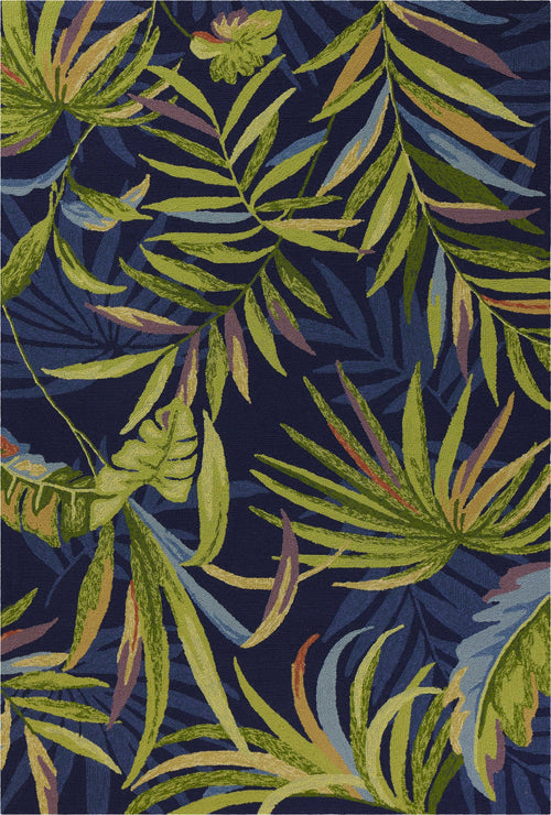 3'X5' Ink Blue Hand Hooked Uv Treated Oversized Tropical Leaves Indoor Outdoor Area Rug