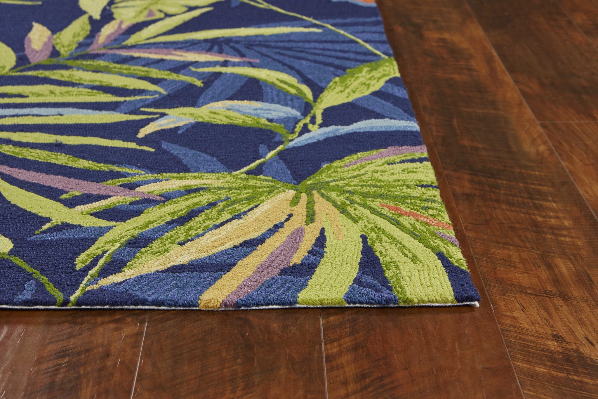 3'X5' Ink Blue Hand Hooked Uv Treated Oversized Tropical Leaves Indoor Outdoor Area Rug